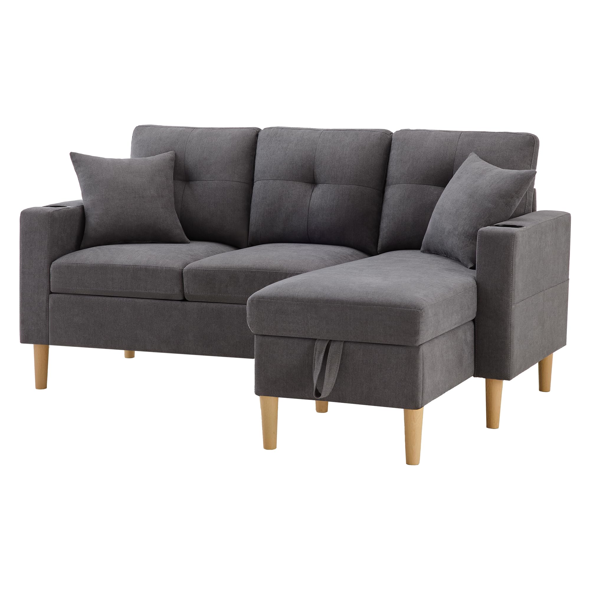 Divano Moderno a Forma di L, a 3 Posti, con Chaiselongue, Portabevande, Spazio per Riporre, Include 2 Cuscini, per Soggiorno, Ufficio, Appartamento (Grigio Scuro)