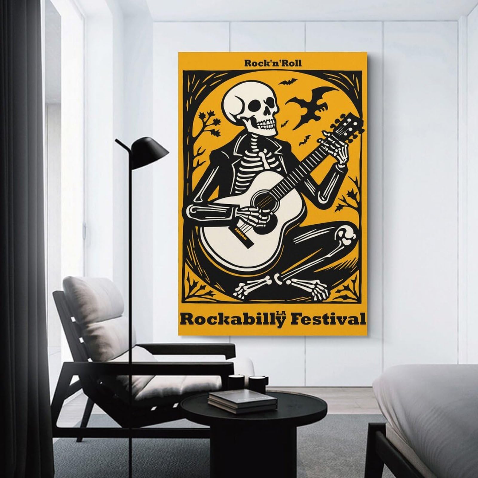 Junmoney Room Decor Wall Art Rockabilly Festival Skeleton Guitarist, 16x24inch(40x60cm), for Wall Displays, Bedrooms Or Room Updates, A Versatile Canvas Print for Layering