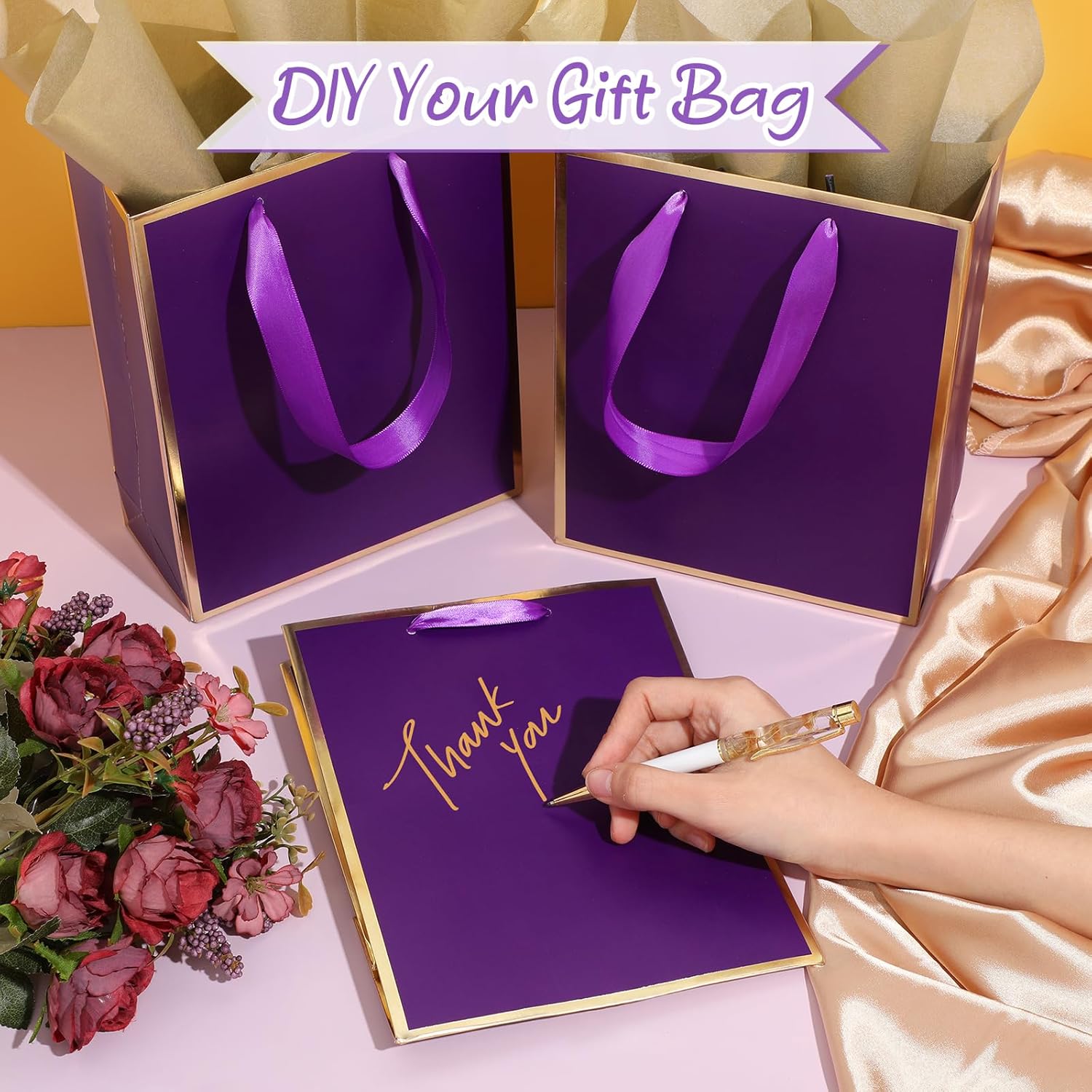 Yeaqee 24 Pack Metallic Paper Gift Bags with Handle and Tissue 9x7x3.1 Gold Foil Welcome Thank You Favor Bags Return Gifts for Wedding St. Patrick's 5 Senses Bridesmaid Birthday(Purple Gold) - Image 4