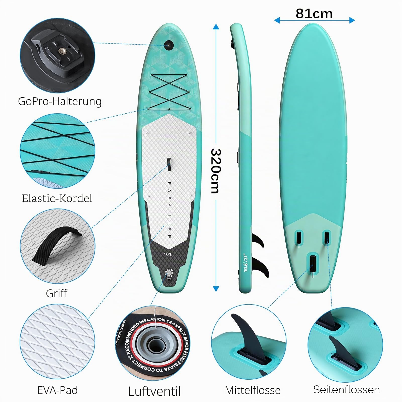 Inflatable Stand Up Paddle Board 320cm,SUP Board Set mit Zubehör, UV-beständig, hohe Stabilität bis 200kg, mit Pumpe, Rucksack & Paddel, für Anfänger & Fortgeschrittene
