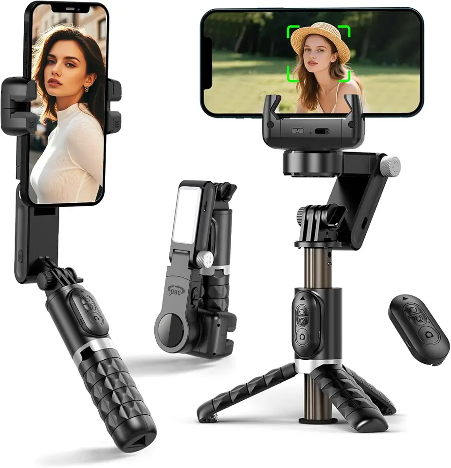 Estabilizador para Selfies de Celular, Estabilizador de Dois Eixos com Luz de Preenchimento e Rotação Automática de 360°, Tripé com Controle Remoto sem Fio para Android e iPhone