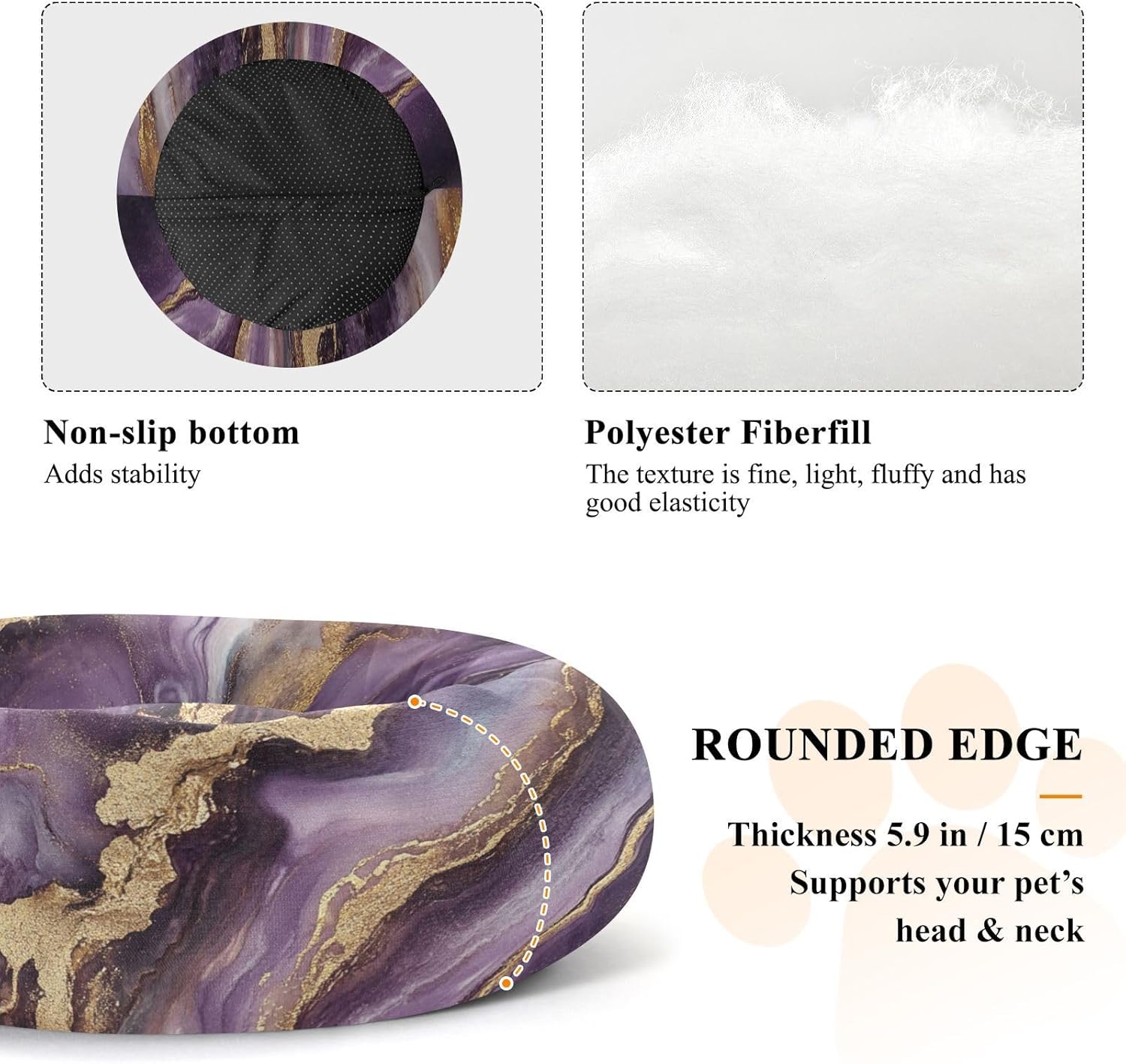 Purple and Gold Marble Texture Pet Dog Bed Anti-Slip Cat Pillow Bed for Extra Small Size Pets Sleeping M