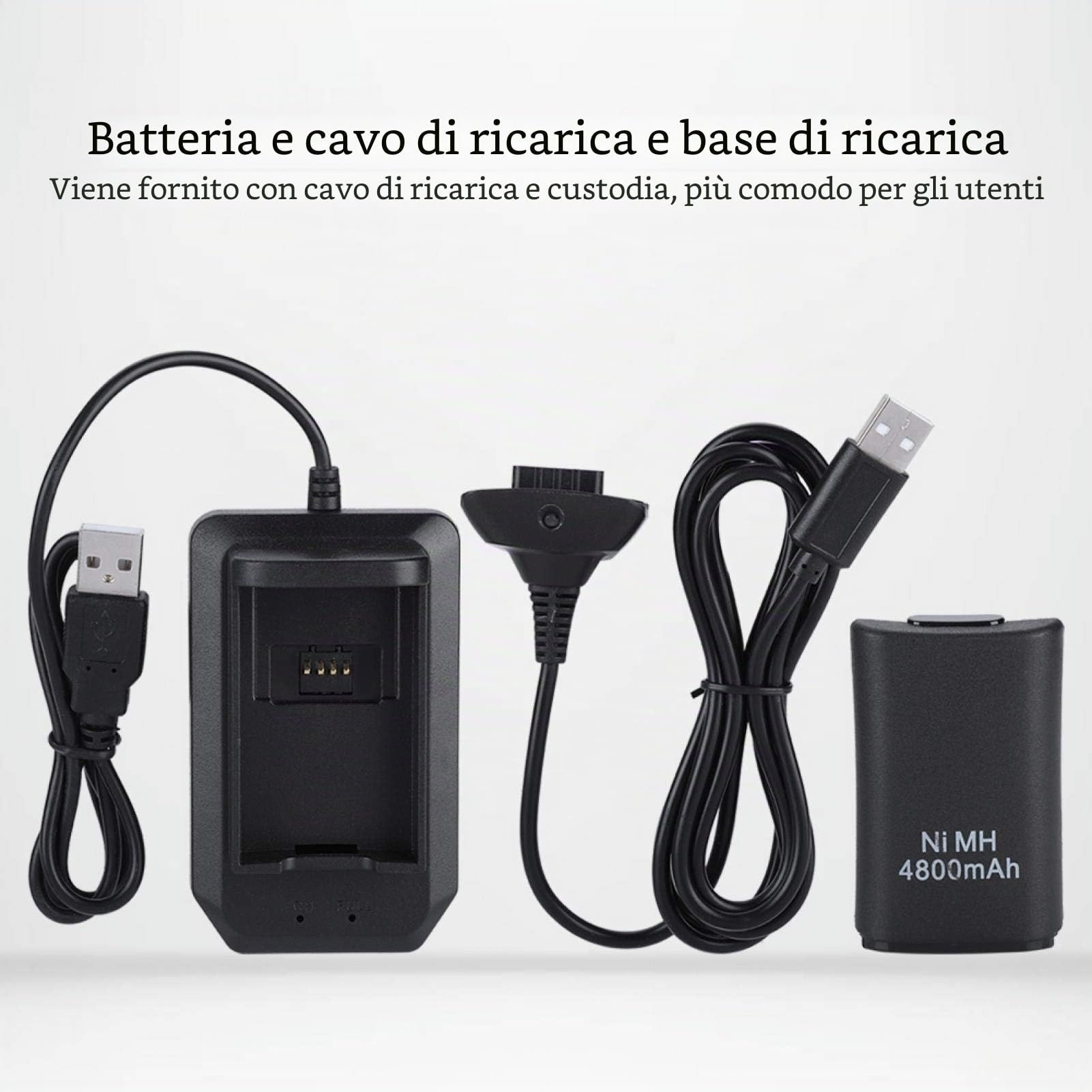 Batteria per controller Xbox 360, batteria ricaricabile 4800 mAh, batteria di ricambio e kit di ricarica con cavo USB per telecomando Xbox 360, colore: Nero