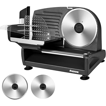 Meat Slicer, MIDONE 200W Electric Food Slicer with Two Removable 7.5’’ Stainless Steel Blades and Food Carriage, Child Lock Protection, 0-15mm Adjustable Slicing Thickness