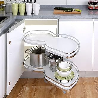 2 Tier Kitchen Cabinet Cupboard Corner Pull Out Shelf Carousel Storage Rack White Corner Flying Saucer Basket for 900mm or 1000mm Cabinet (Right Open)