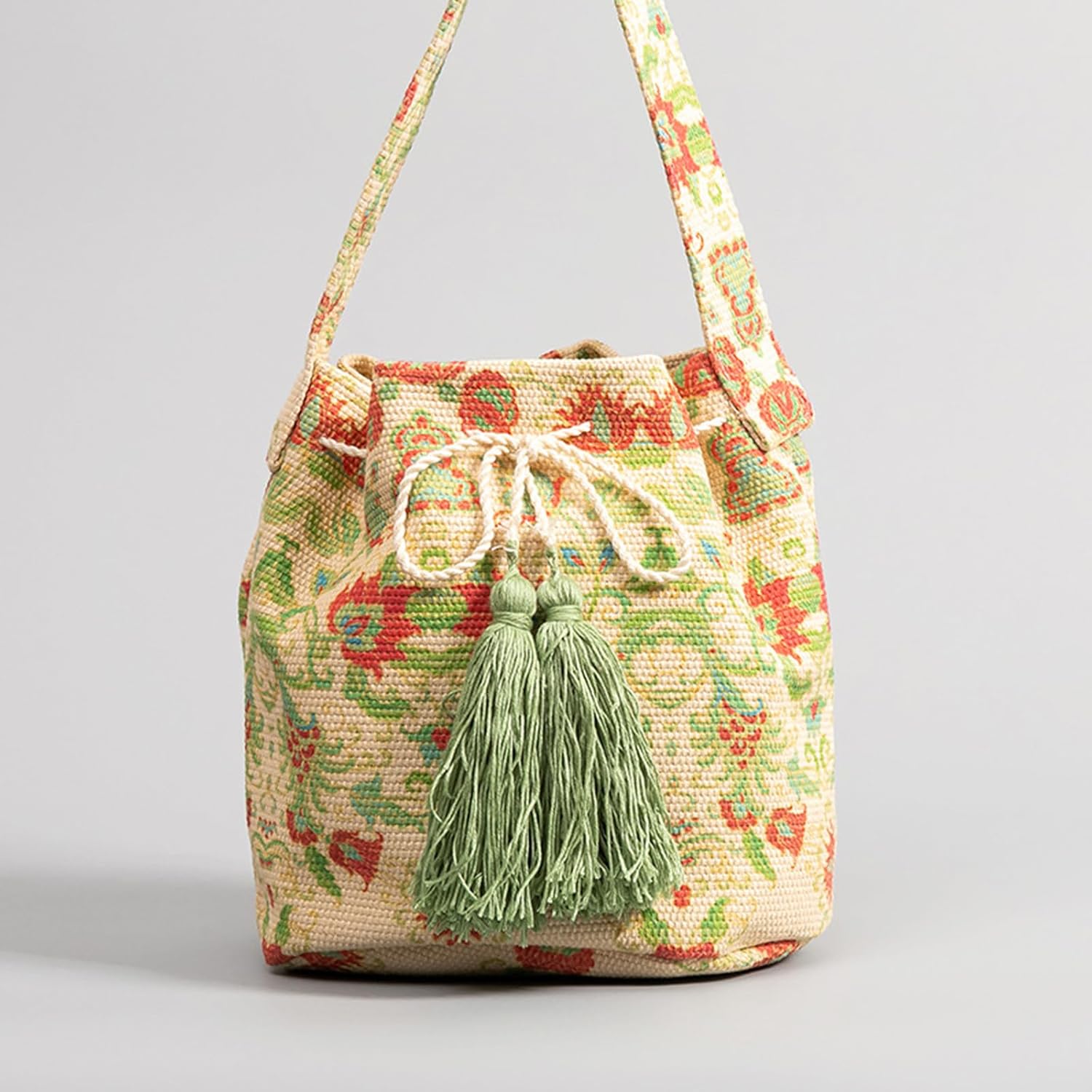 CORIOS Ethnic Tote Bag for Women Canvas Handbag Bohemian Bucket Bag Retro Shoulder Crossbody Bag with Tassels