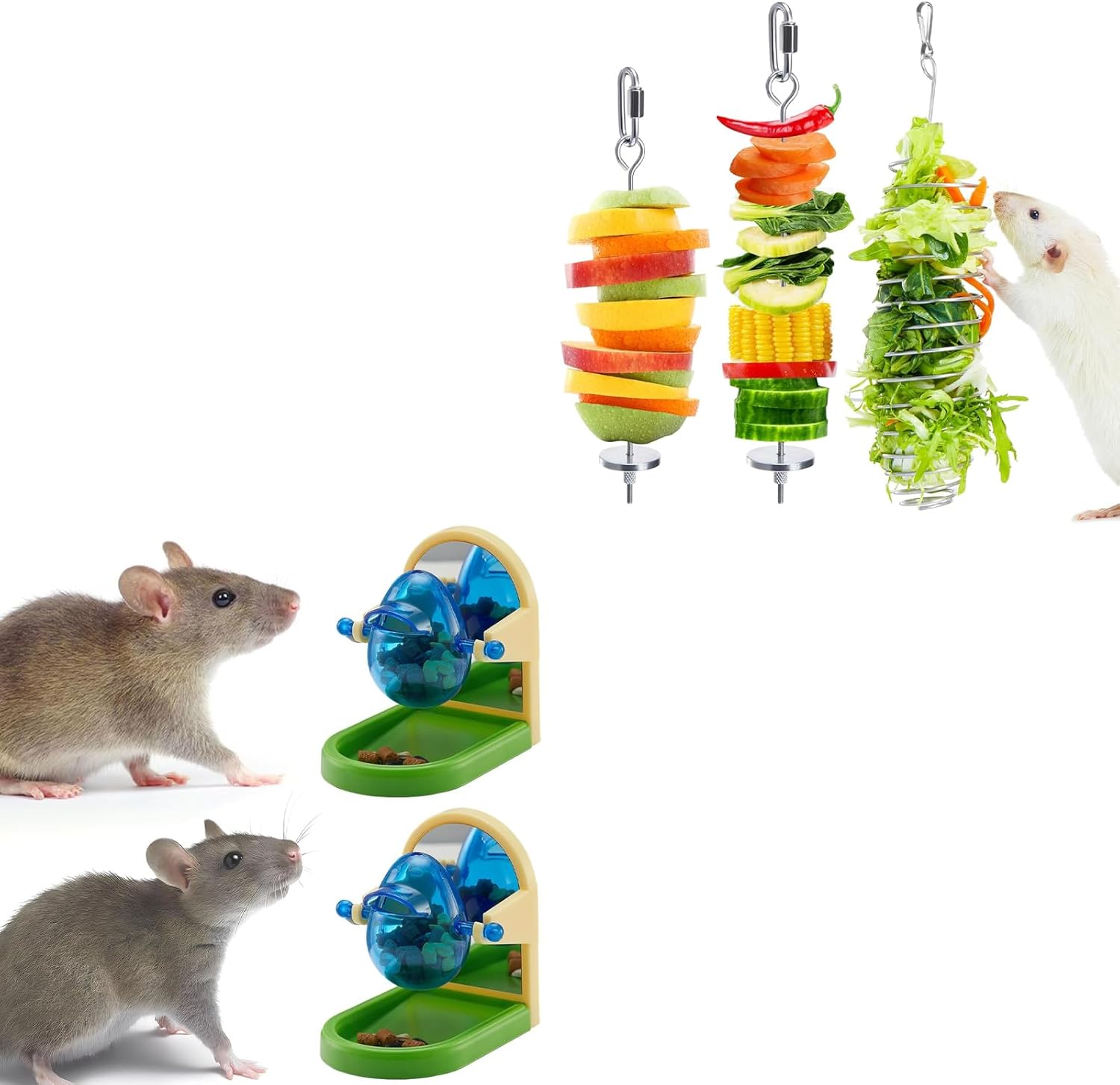 3&2Pcs 304 Stainless Steel Rat Foraging Enrichment Toys, Feeder, Fruit Veg Holder, Cage Accessories for Rodent, Parakeet Conure