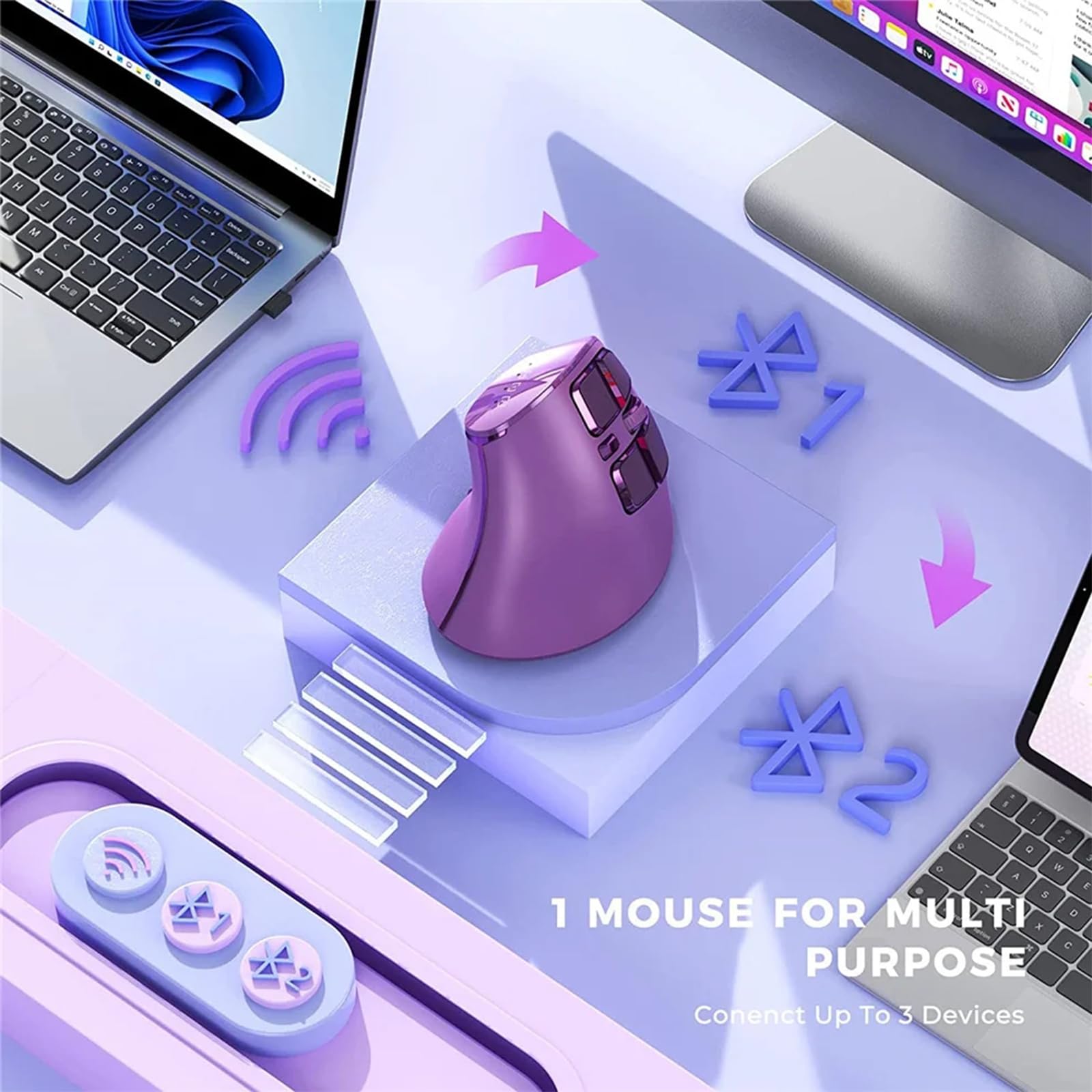 Ratón vertical, ergonómico inalámbrico (BT 5.0 + Bluetooth 3.0 + conexión USB) con 9 botones, ratón vertical recargable para ordenadores (morado)