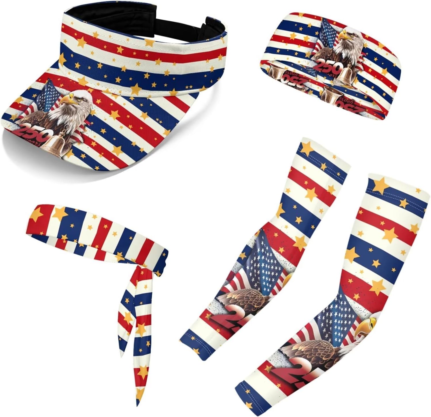 Binienty Patriotic Summer Accessories Set for Men Women, 5PCS Cooling Arm Sleeves with Sun Visor Headbands for 4 of July