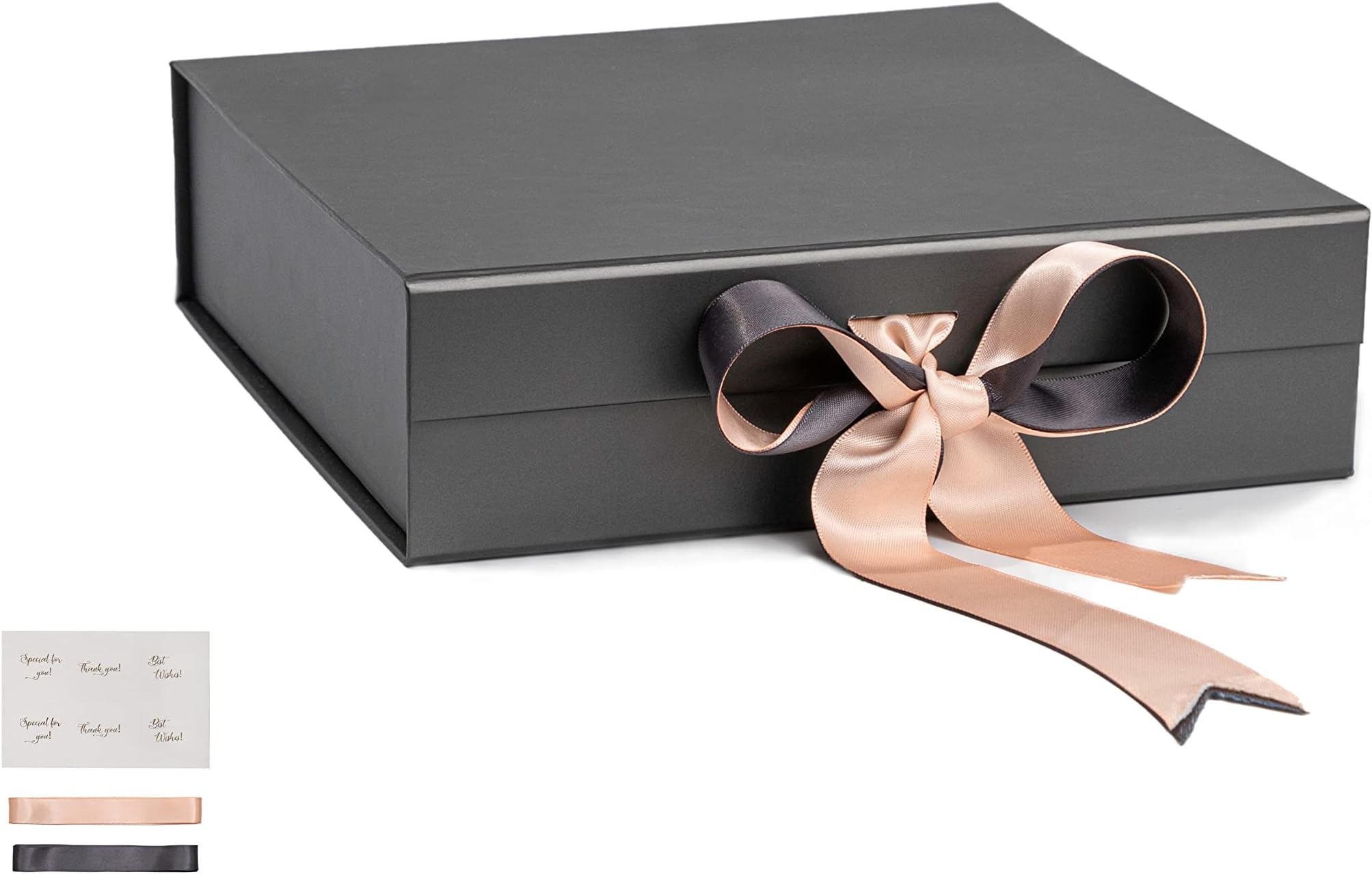 Black Box 6.4'x 8.8'x 3.74' with Magnetic Lid, 2 Ribbons and Thank you Stickers for Groomsman, Wedding, Christmas, Halloween, Birthday, Fathers Day