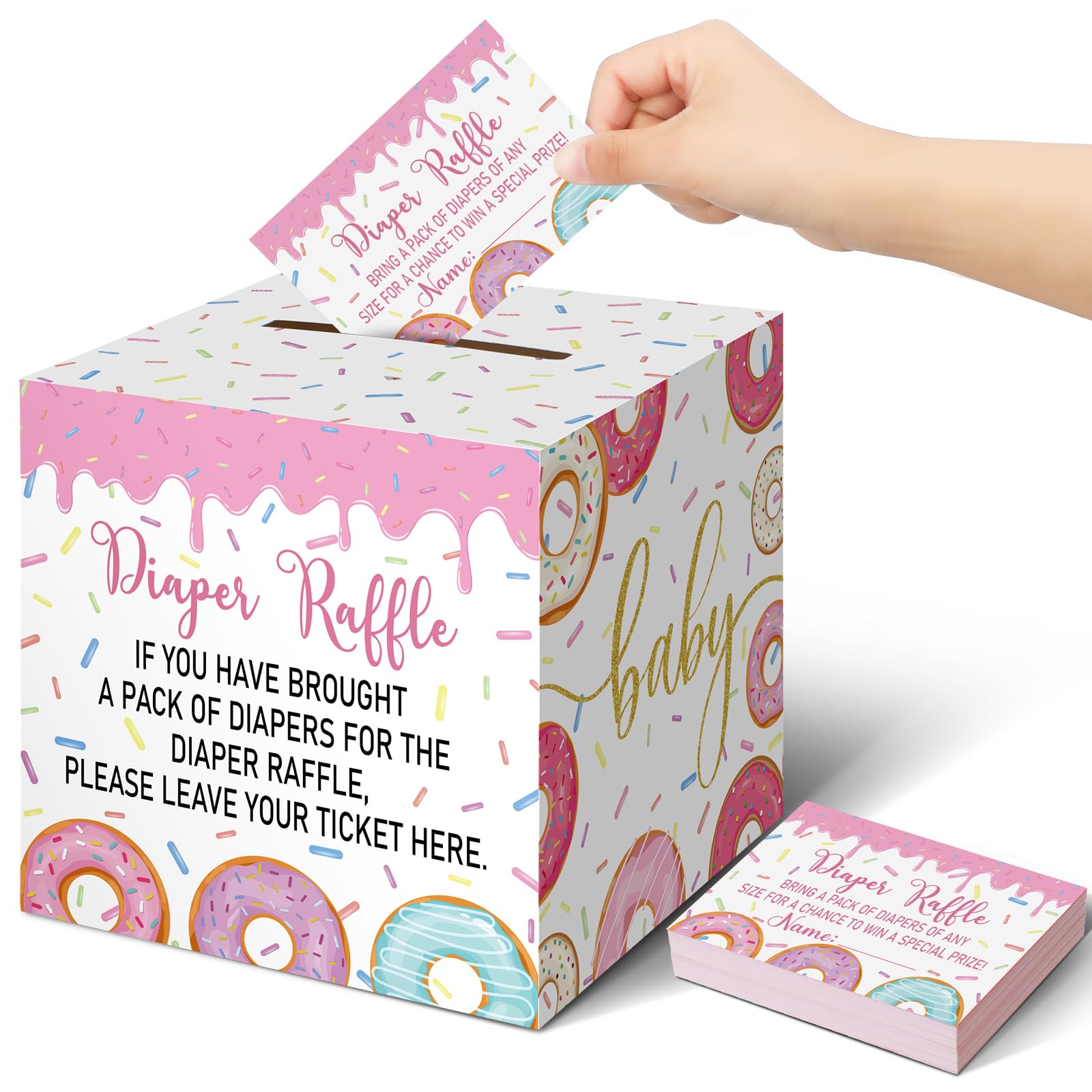 Teling 51 Pieces Diaper Raffle Tickets with Card Box,Donut Infant Sprinkle Decorations
