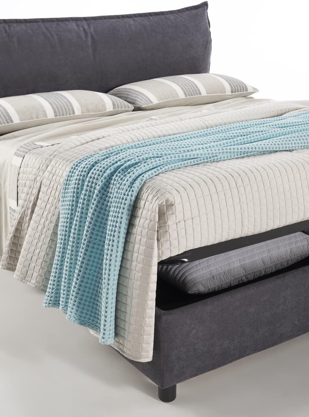 EVERGREENWEB Letto Matrimoniale con Contenitore 160x195 cm, Elegante Struttura Letto Imbottita, Rete a doghe in Legno Inclusa, Moderna Testiera Rivestimento SFODERABILE Tessuto Tortora, Modello ARLES
