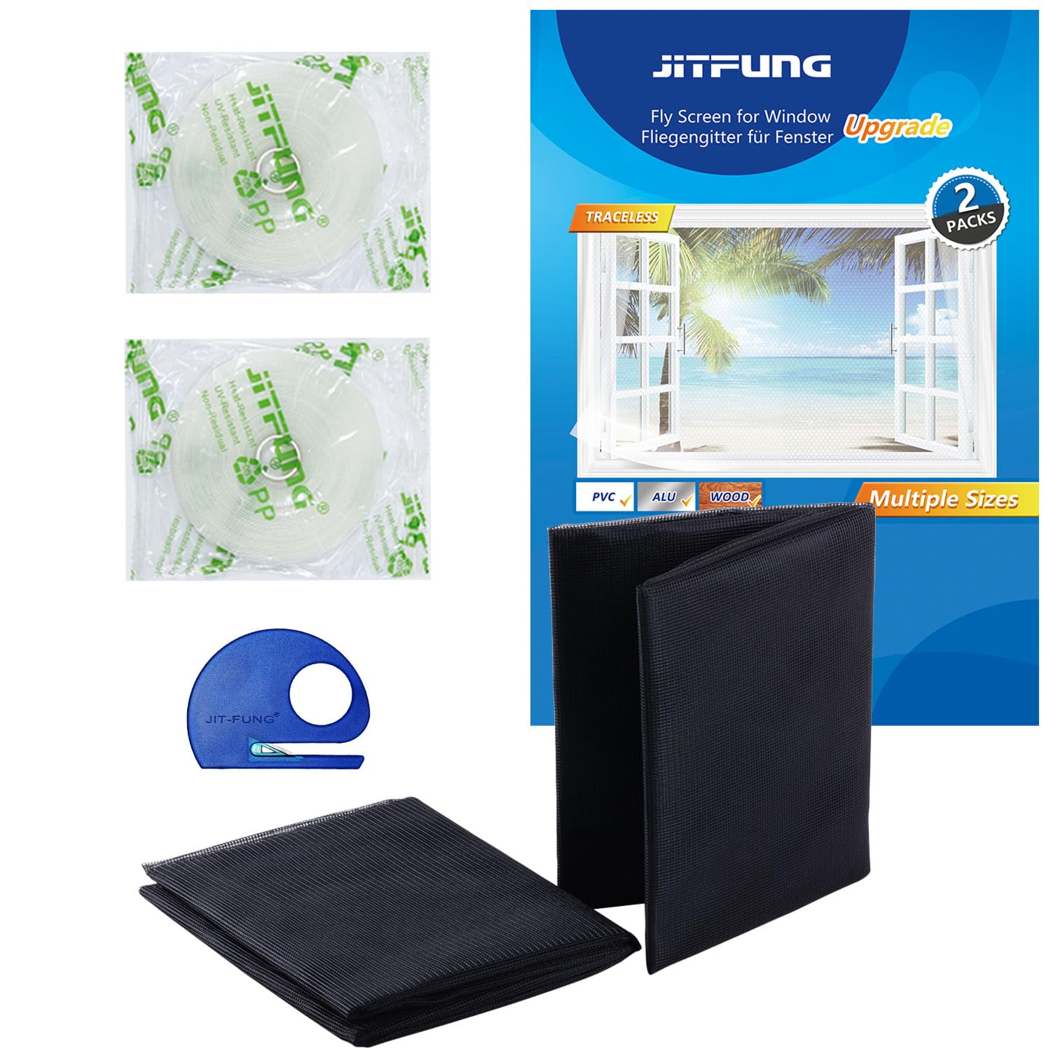 Photo 1 of JIT-FUNG DIY Window Screen Curtain, 2 Packs of Mesh Netting 51 * 61 inches with [Upgrade] Self-Adhesive Hook Tapes & Cutter, Suitable for Multiple Windows, Black (Set of 2)