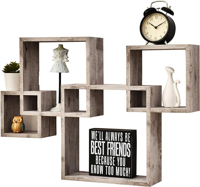 Greenco Natural Wood Floating Cube Shelves Decorative