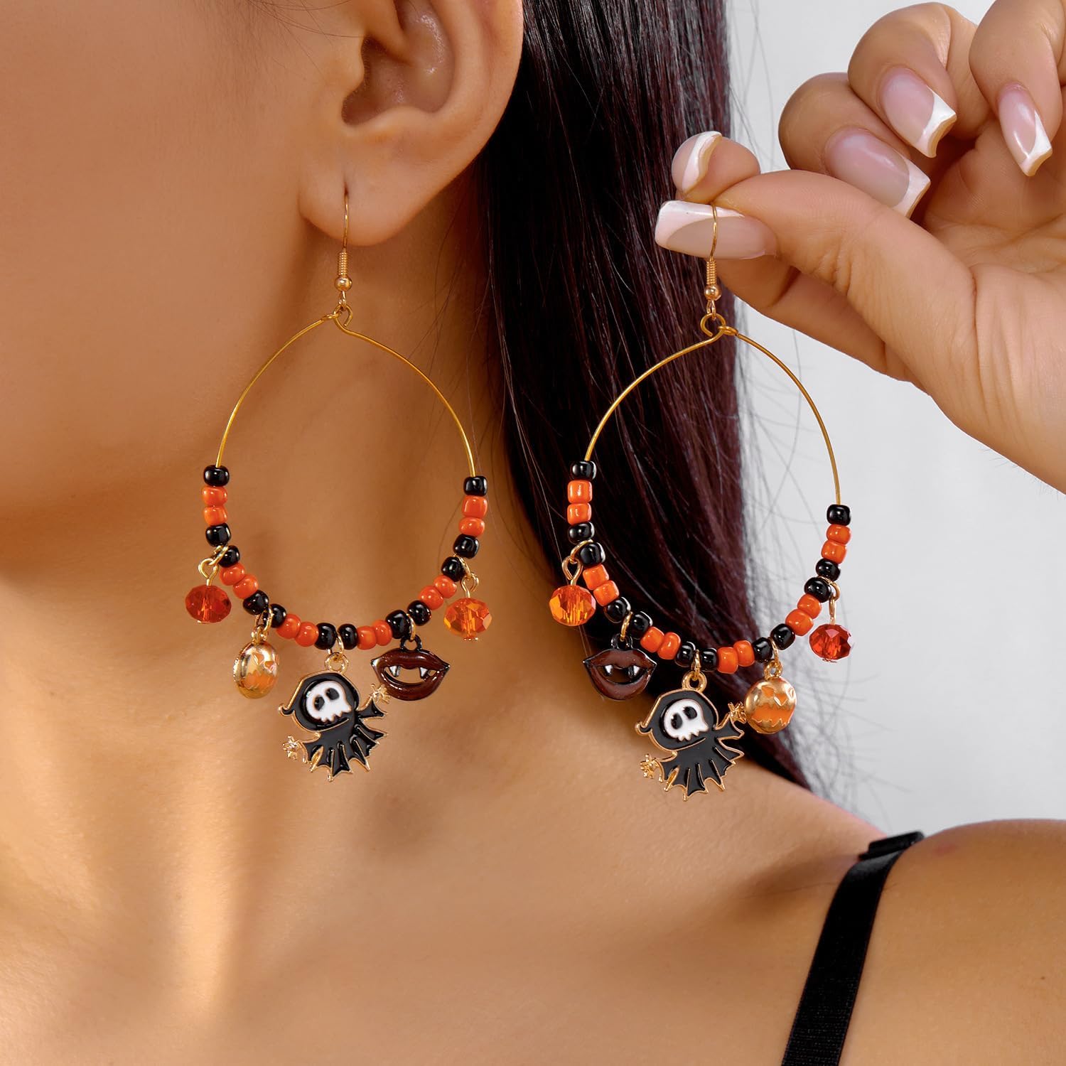 Halloween Ghost Earrings for Women Crystal Rice Bead Pumpkin Hoop Earrings Spider Bat Pumpkin Dangle Earring Halloween Jewelry Gifts Costume Accessories - Image 2