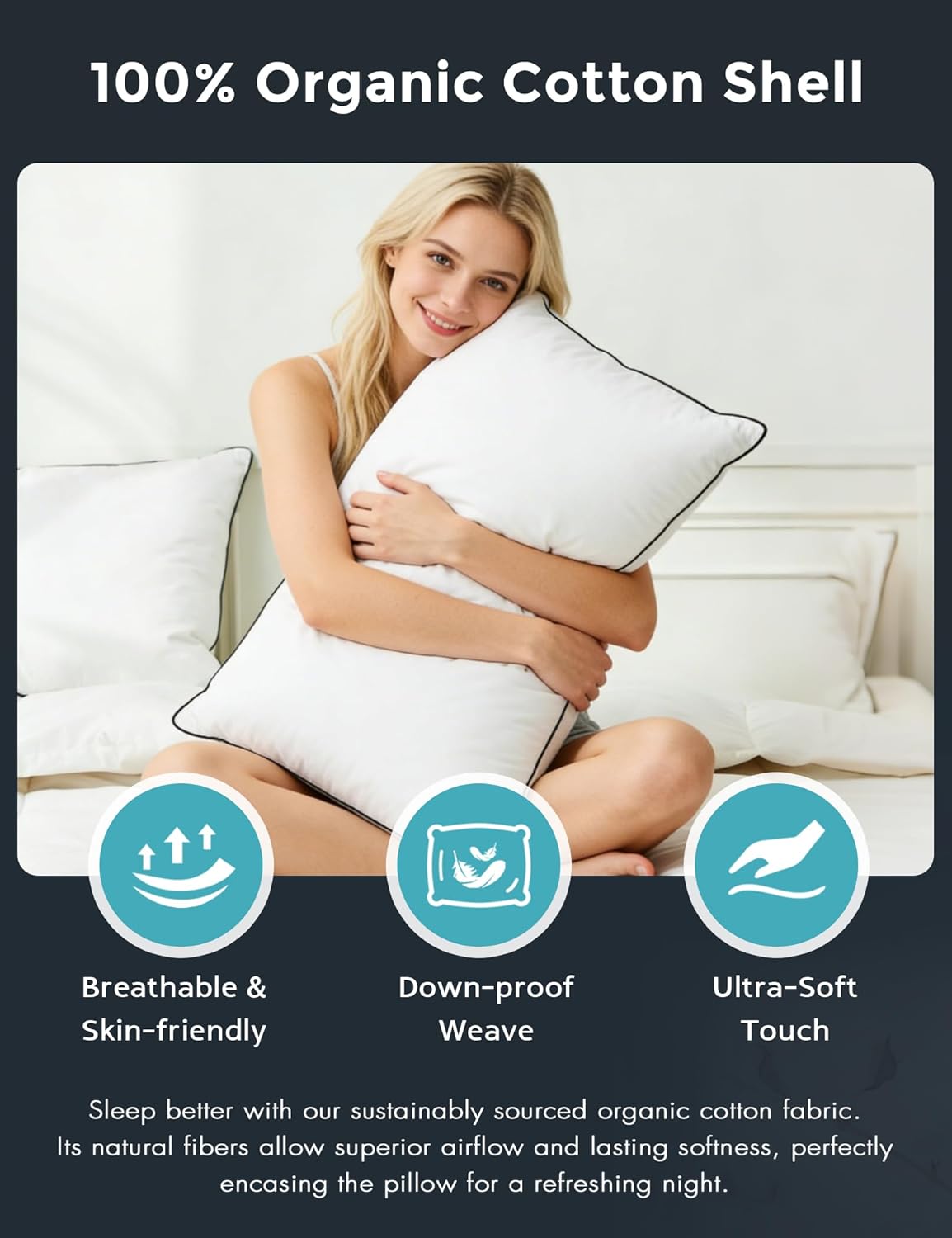 Goose Feather Down Pillows Queen Size Set of 2 with 100% Organic Cotton Cover, Luxury Hotel Bed Pillows for Sleeping, 3-Chamber Design Medium Support for Side & Back Sleepers, 20x30 Inch