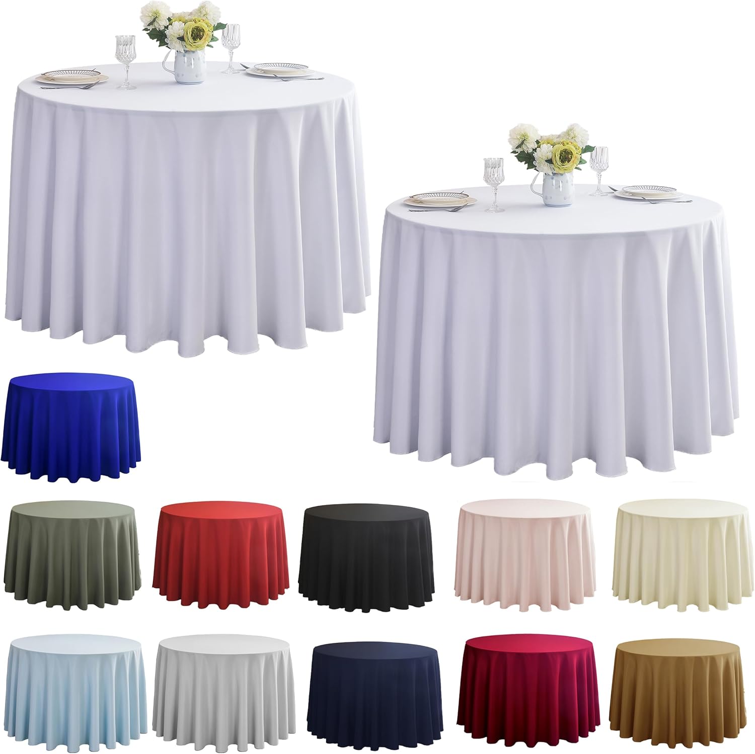2-Pack Round 108-inch White Table Cloths, Solid Stain and Wrinkle Resistant Circular Tablecloth, Premium Plain Weave Polyester Fabric Table Linen Covers for Hotel, Banquet