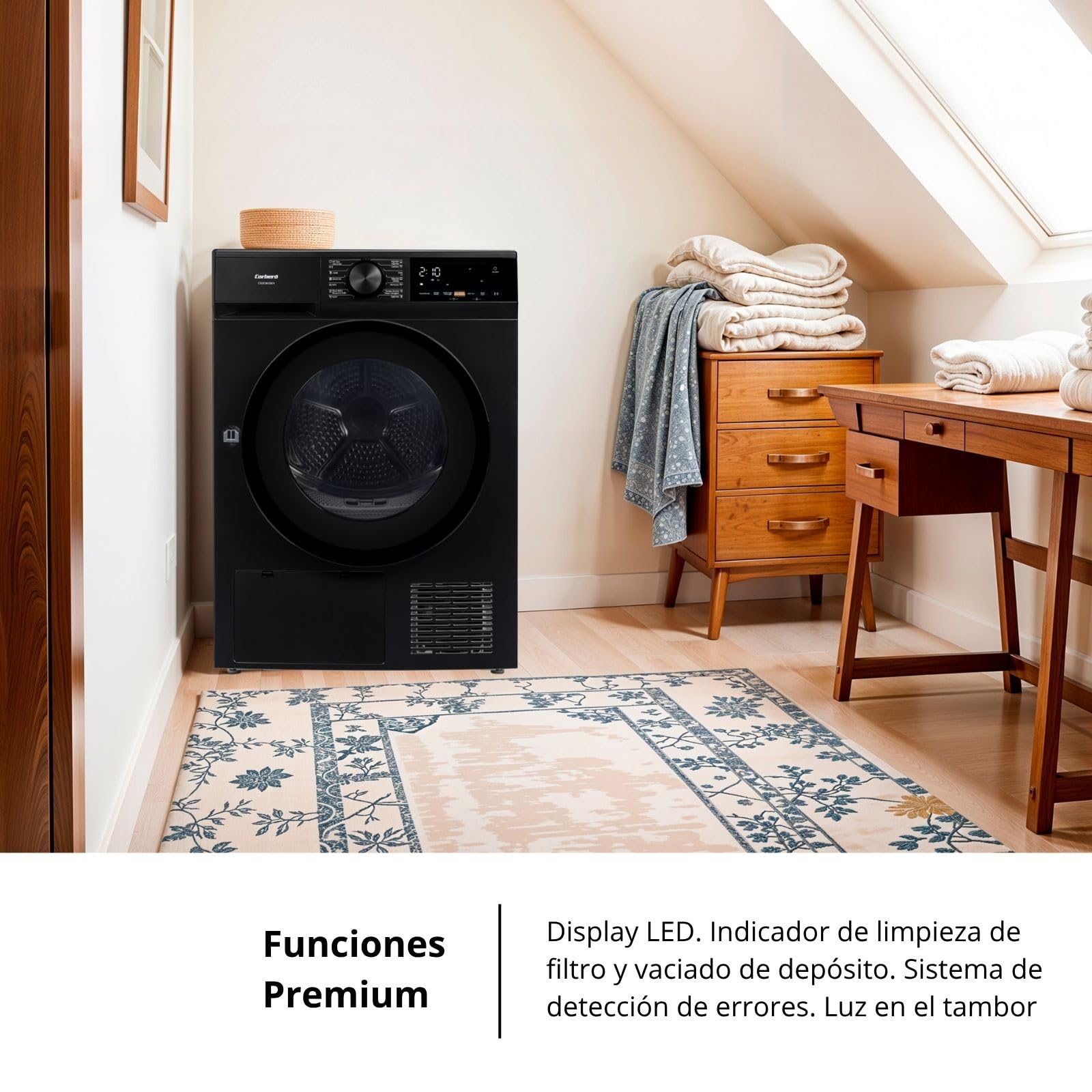 Corberó - Secadora Bomba de Calor Excellence | CSBCM850N | 8 kg | 84,5 x 60 x 59,5 cm | Motor Inverter | 5 Niveles de Secado | Purificación Luz UV | Tambor Inox | 65 dB | Negro | Clase C