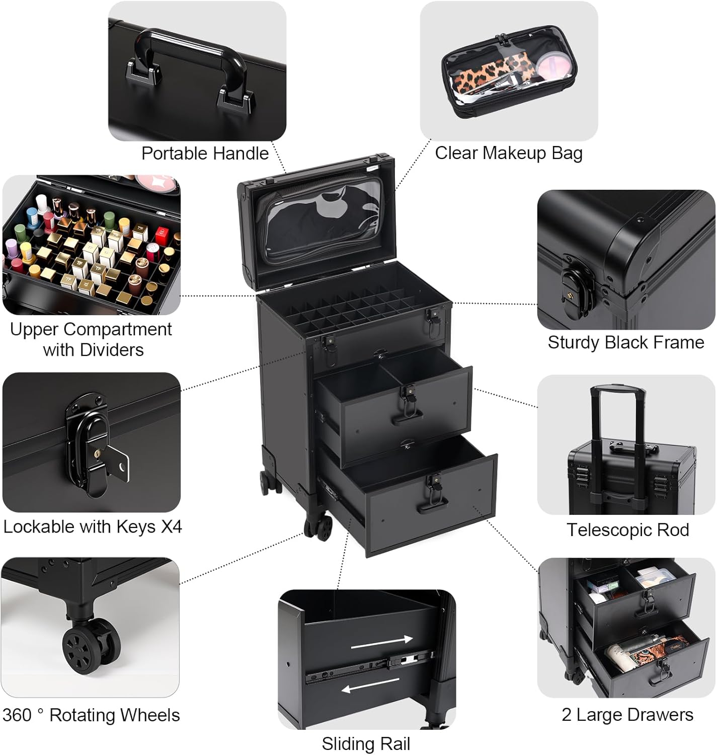 3 in 1 Rolling Makeup Case, Professional Cosmetology Case on Wheels with 2 Drawers, Ideal Gift for Hairstylist, Nail Techs, 3 Tiers Portable Beauty Organizer Case for Travel or Salon Use, Black - Image 2