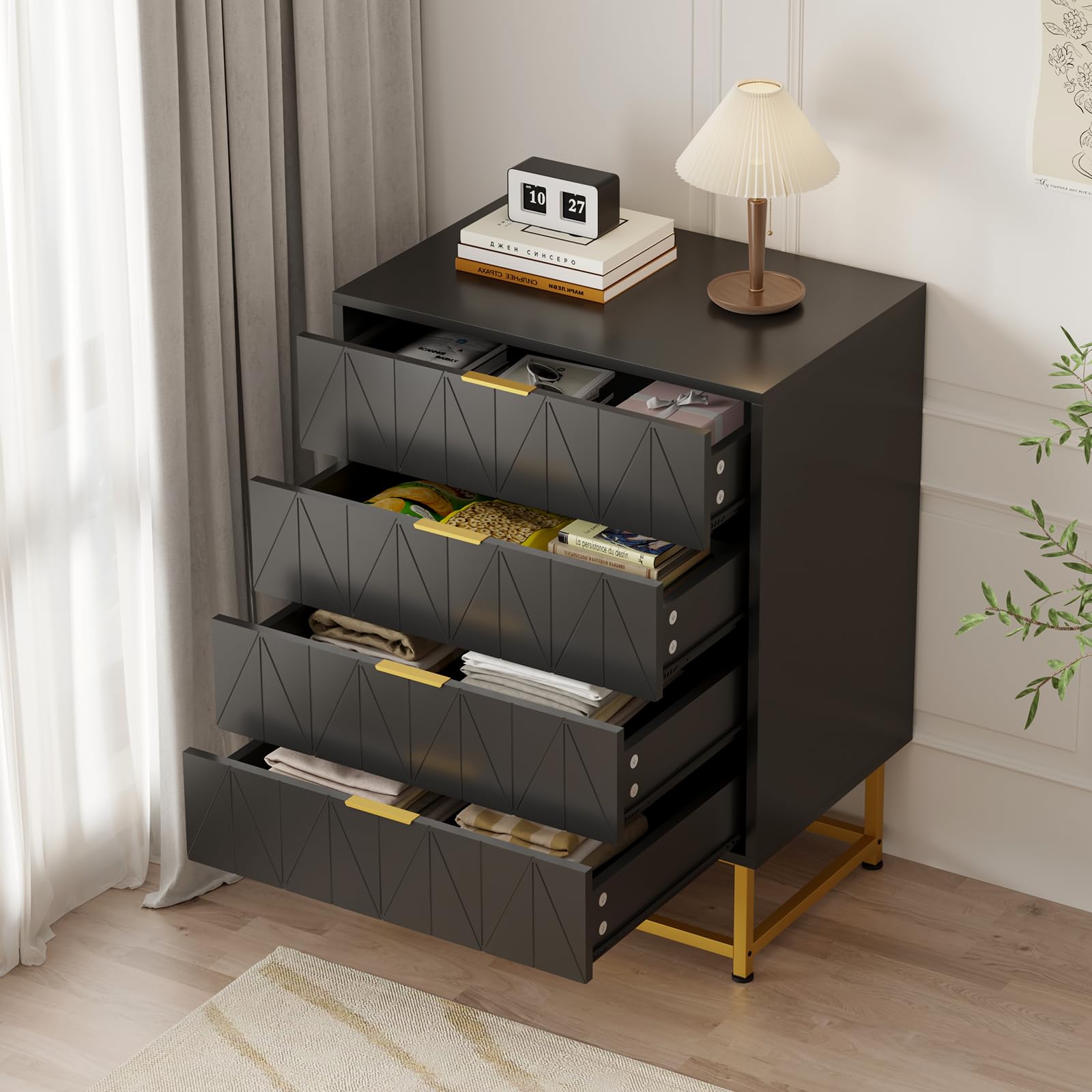 Moderna Cómoda De 4 Cajones Para Sala De Estar, Dormitorio y Pasillo - Diseño Compacto y Elegante - Patas Metálicas Resistentes - Gabinete De Almacenamiento Funcional - Mueble Organizador Práctico