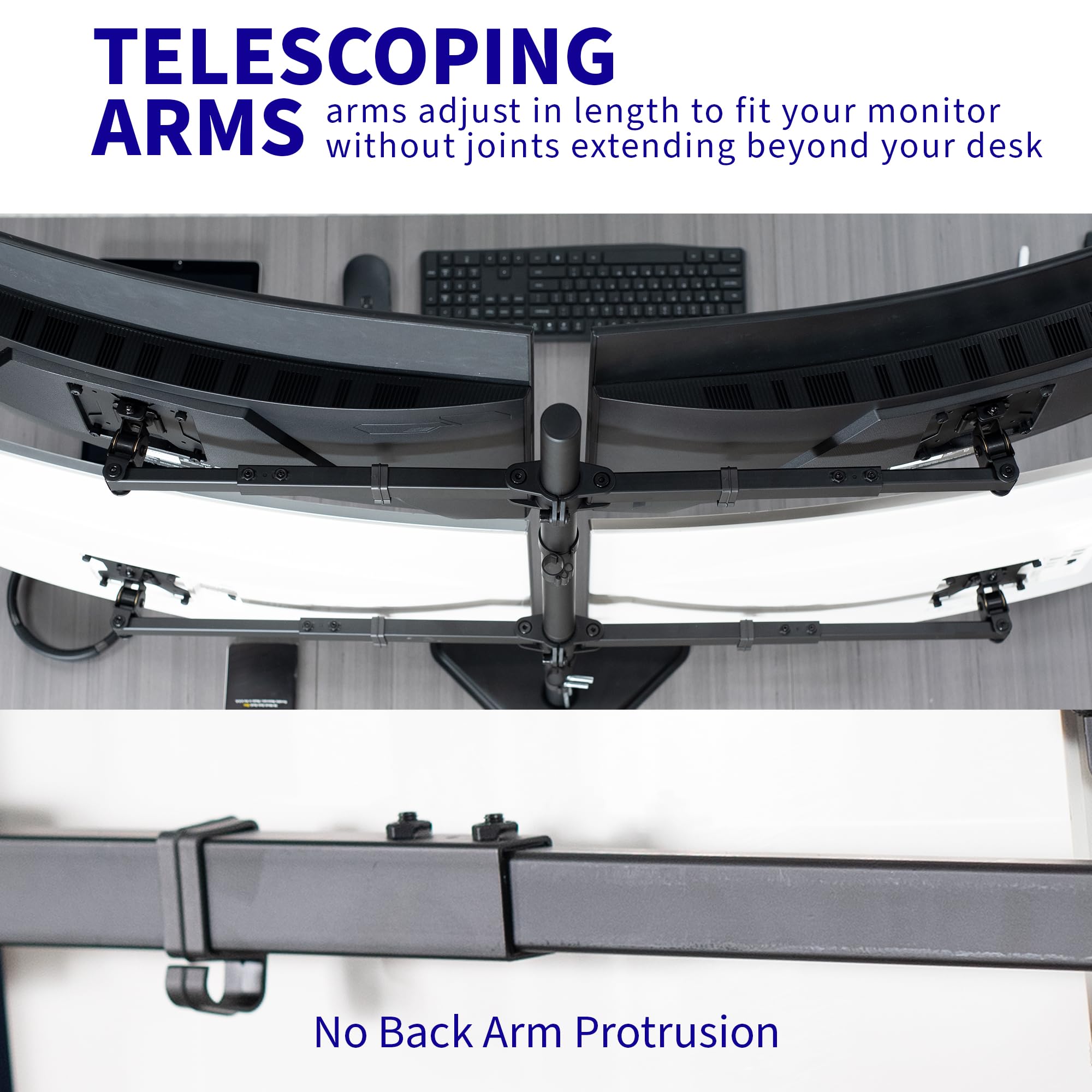 VIVO STAND-TS38B-4 - Soporte de escritorio para monitor LCD ultra ancho de 27 a 38 pulgadas, base independiente, poste extra alto, brazos telescópicos ajustables, configuración de pared empotrada, se