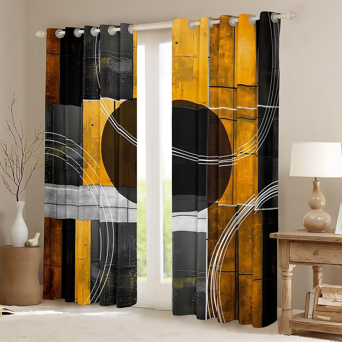 jejeloiu Olive Yellow Curtain (2 Panels, 52 x 84 Inch) Kids Abstract Geometric Darkening Drapes Teens Modern Art 30%-50% Blackout Shades Lightweight Room Decor Window Treatments for Bedroom image 2