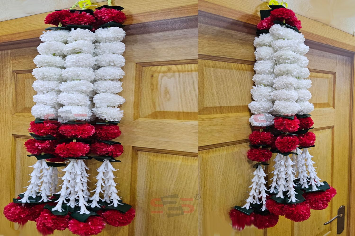 S2S Artificial Marigold Jasmine, Mogra, Green Leaves Tassles Garlands Ladi Strings for Decoration of Home, Balcony, Wall Hangings, Hall | Pack of 5 | (RED White Marigold)(Height - 24 Inch) - Image 5 thumbnail
