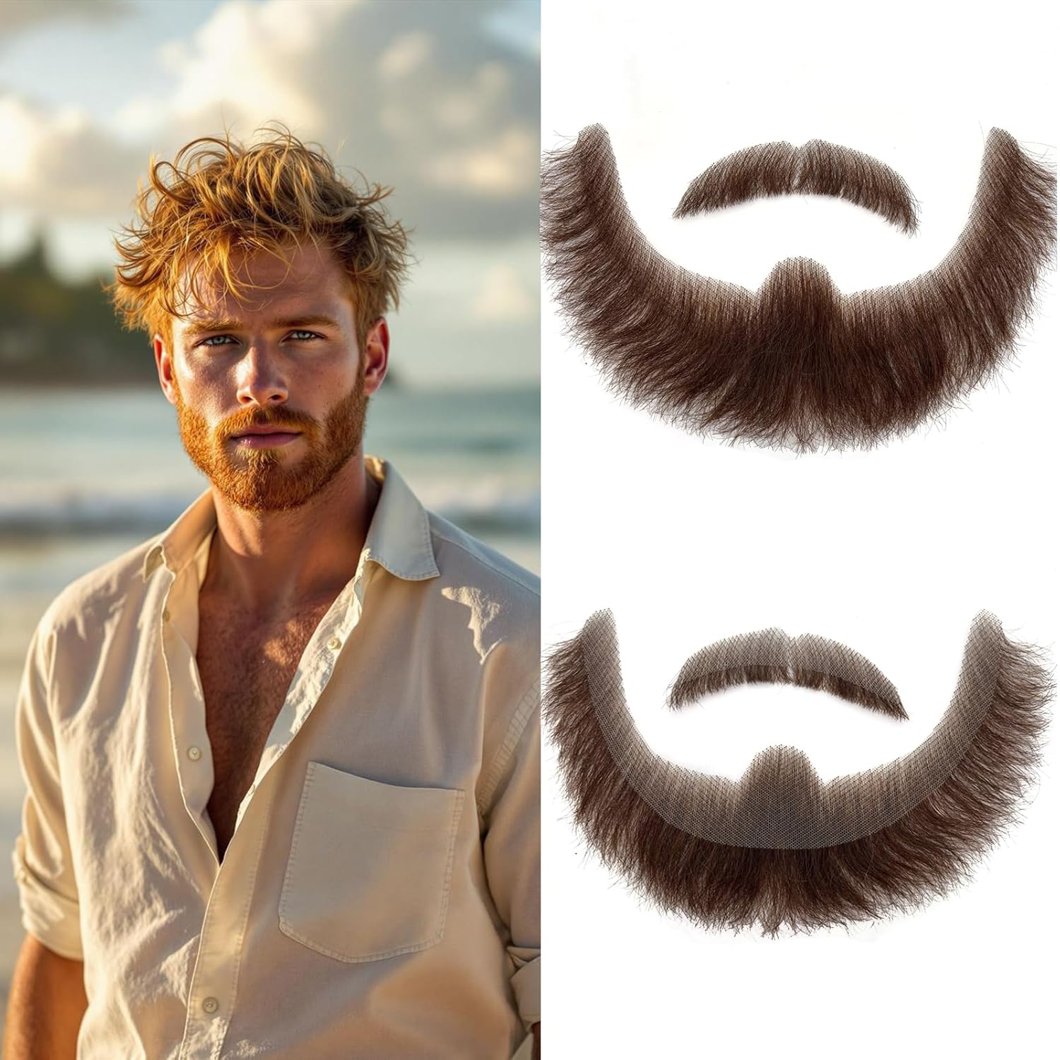 YOROSTAR Fake Beard Realistic Fake Mustache - 100% Human Hair Brown Goatee Beard, Costume Facial Hair Halloween Dressing Men Makeup Entertainment/Drama/Party/Movie(Brown)