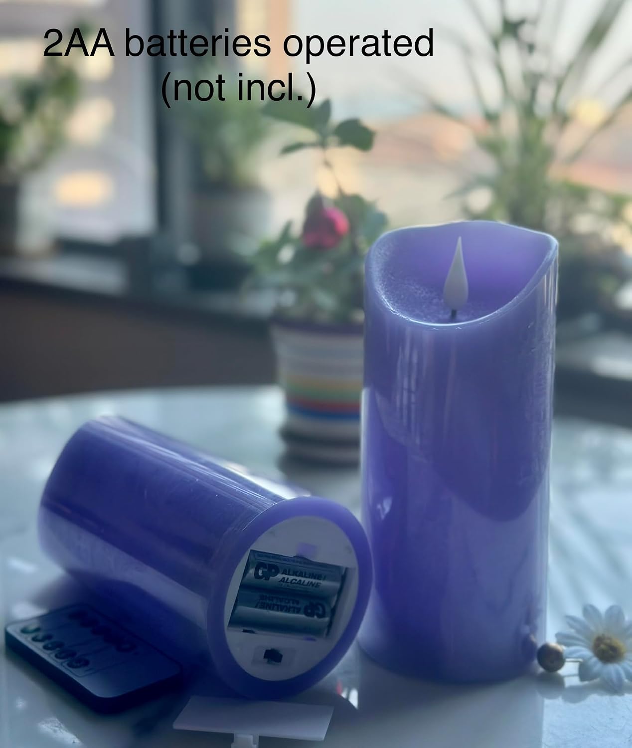 Adoria Large Purple Flameless Candles Remote and Timer Set of 2- Real Wax Pillar Candles with 3D Realistic Flame-Lavender Scented-Dia 3.15x 7 Inch, Flickering,Brightness Control, Home Decor.Camping
