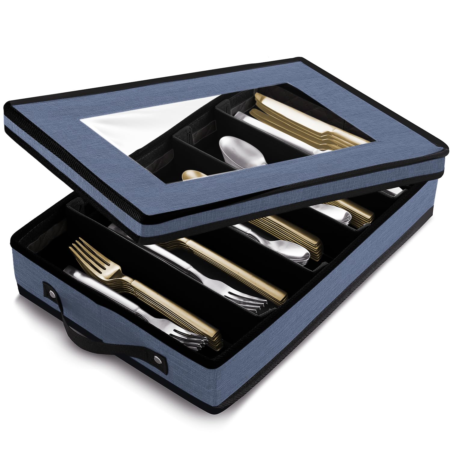 Hearth &amp; Harbor Flatware Organizer for Drawer, Silverware Storage Box, Blue