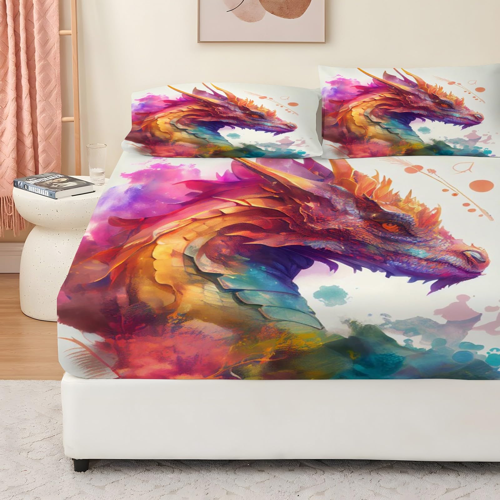 Prześcieradło z gumką 180 x 200 Dragon, prześcieradło z gumką z nadrukiem Mytic Beast, miękkie, elastyczne prześcieradło z gumką z 2 poszewkami na poduszkę 50 x 80 cm, na materac o wysokości 30 cm