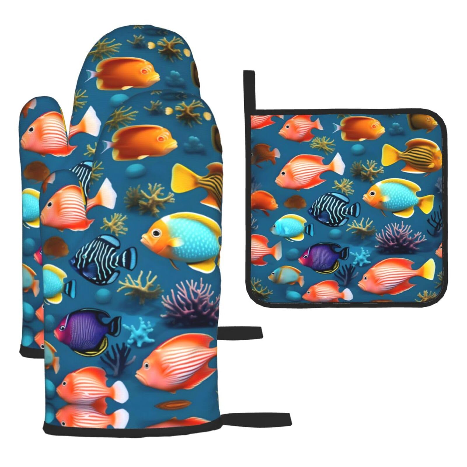 Submarine reef fish Printed Kitchen Oven Mitt Set 3-Piece Heat Resistant Gloves with Pot Holder Mat for Cooking Baking BBQ