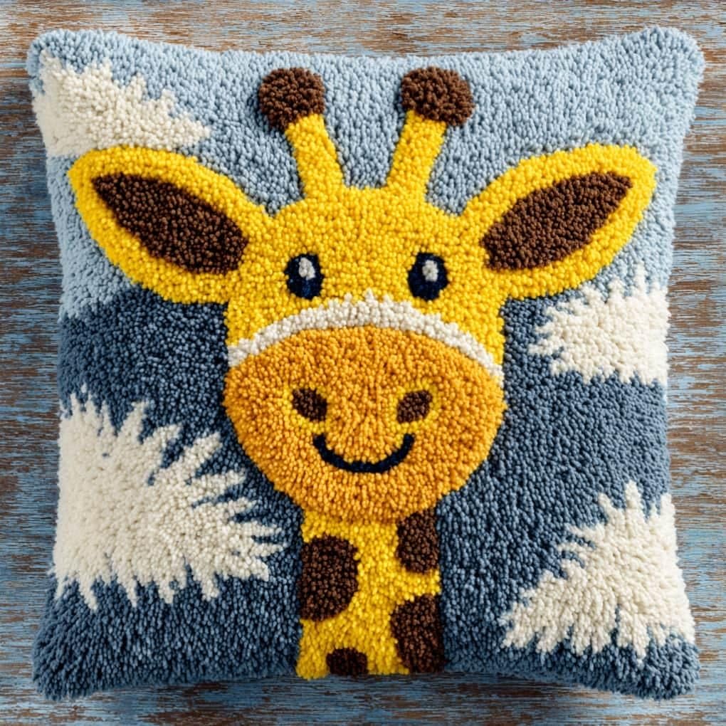 Taxpy Latch Hook Cushion Kits Giraffe Pillowcase Kits Embroidery Kit 17X17 Inch DIY Needlework Pillow Cover Sofa Cushion Rug Making