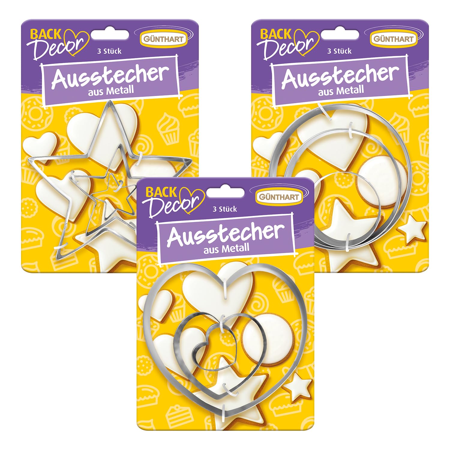 Günthart BackDecor 3 Ausstecher Set mit Herz, Stern und Kreis in je 3 verschiedene Größen, 1er Set (9 Stück)