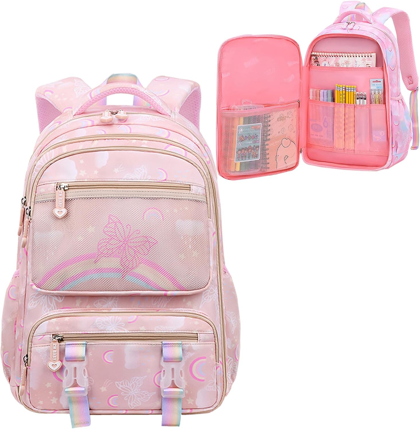 WYCY School Backpacks for Girls Kawaii Backpack Large Capacity Kids School Bag for Girls 6-12 Years Old (printed light pink)