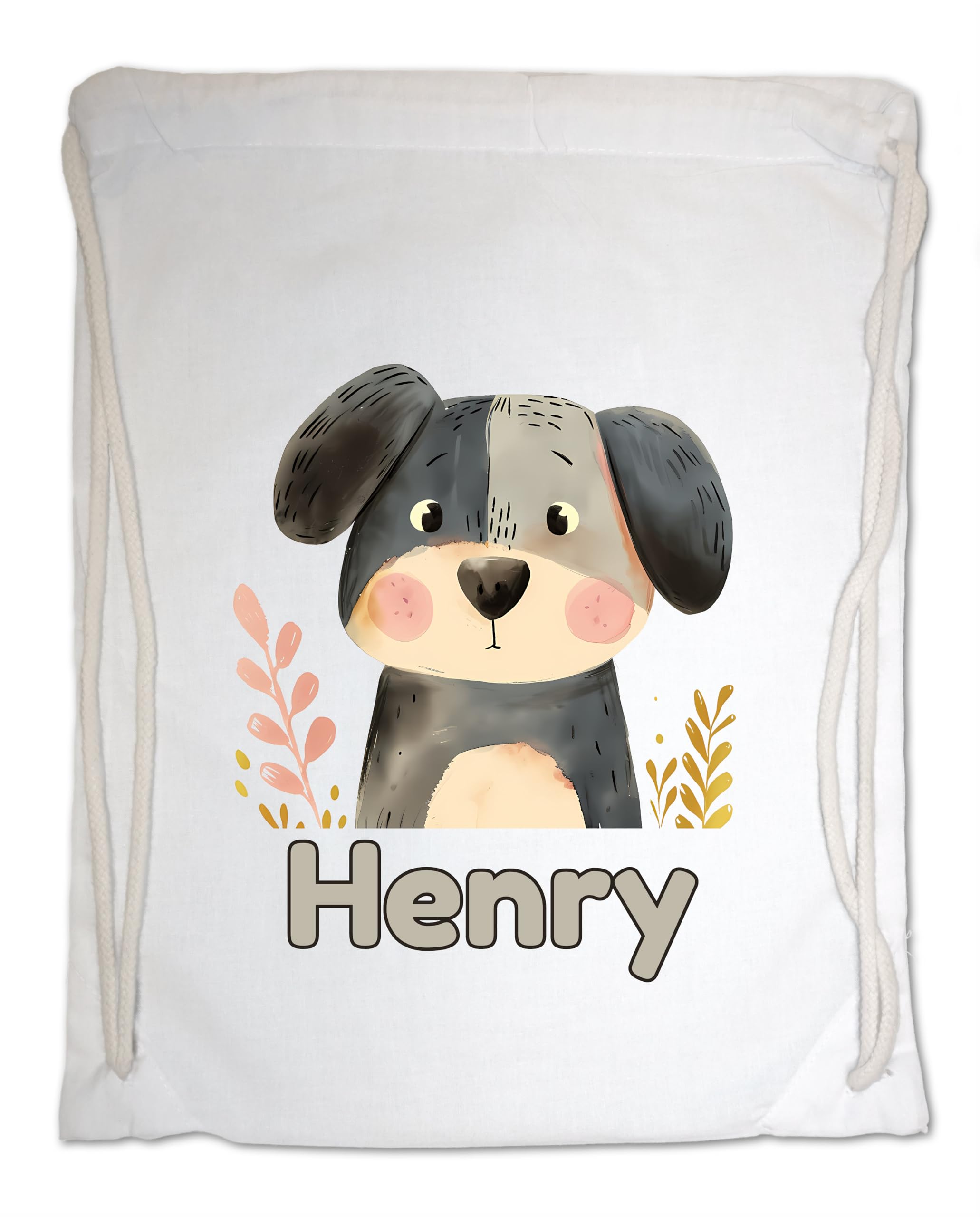 Personalised Any Name Dog Gym Bag for Kids - Cute Watercolour Puppy. Cotton, Ideal for School, Nursery, Swimming, Travel (White)