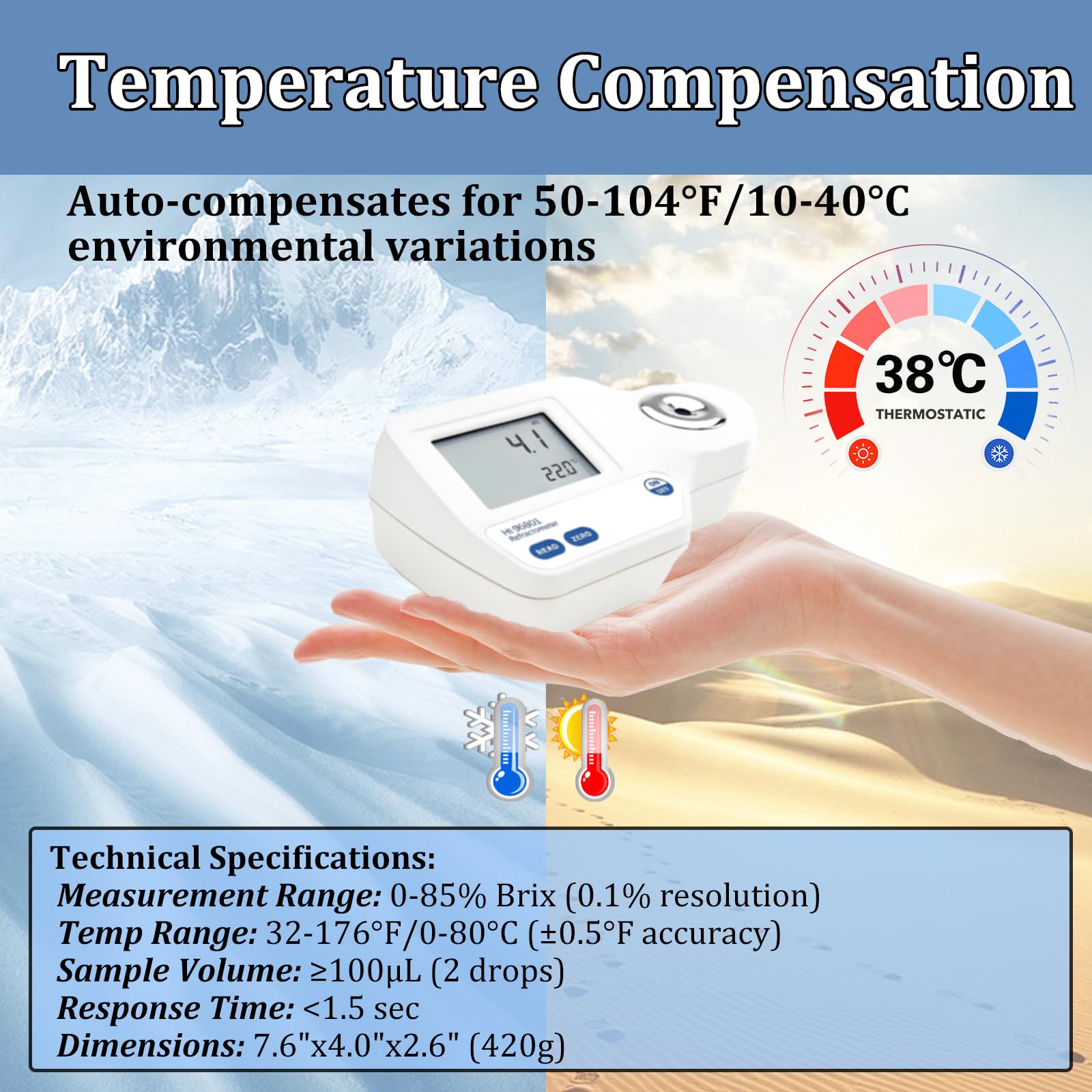 Cyfrowy refraktometr do pomiaru cukru, podwójny wyświetlacz z ATC i czujnikiem temperatury, wodoodporny tester klasy spożywczej IP65, dokładność 0,1%, przenośny z obudową