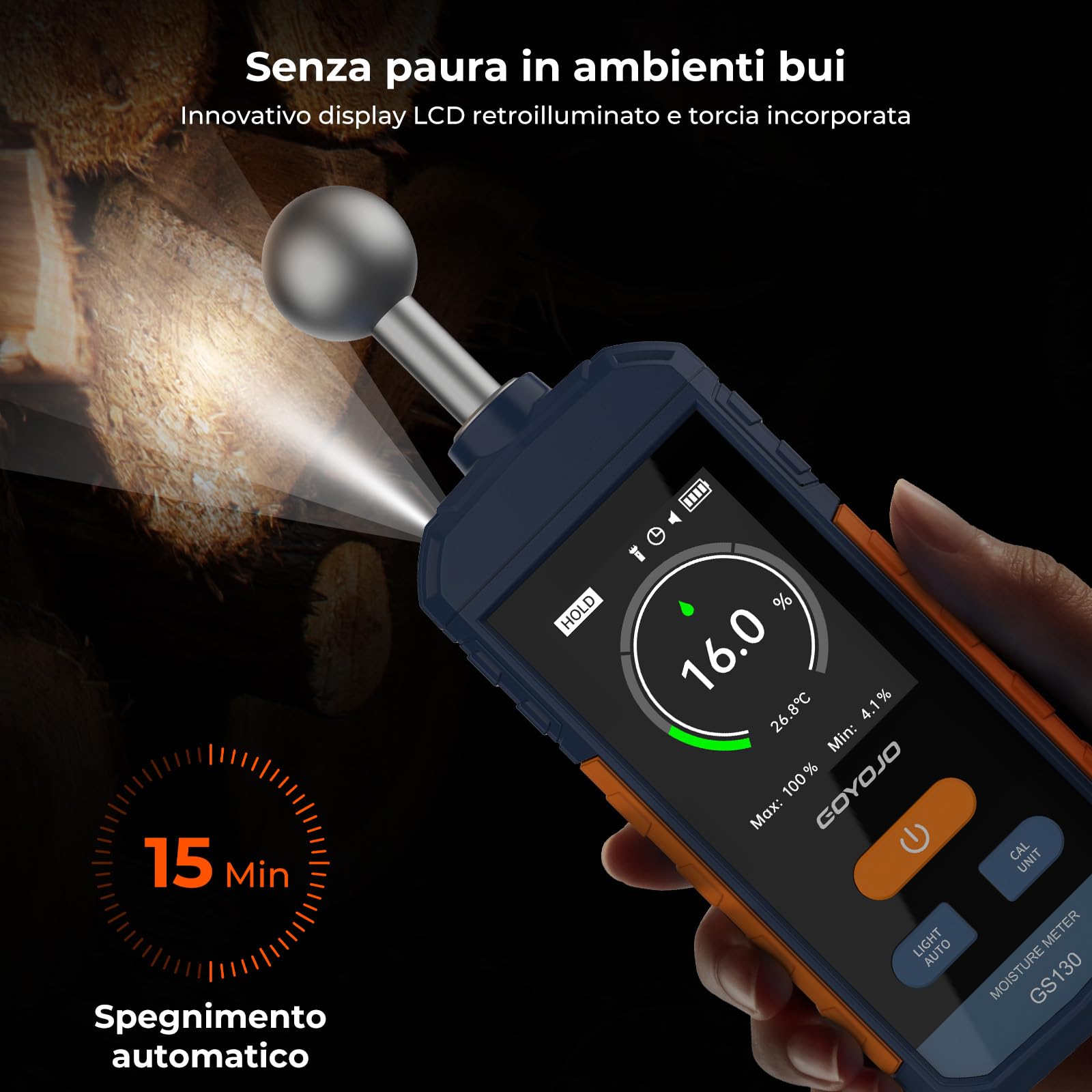 GOYOJO Misuratore di Umidità Ricaricabile da Parete, Misuratore di Umidità con Sensore a Sfera da 5-40 mm, Scansioni non Distruttive per Legno/Pareti/Cantieri
