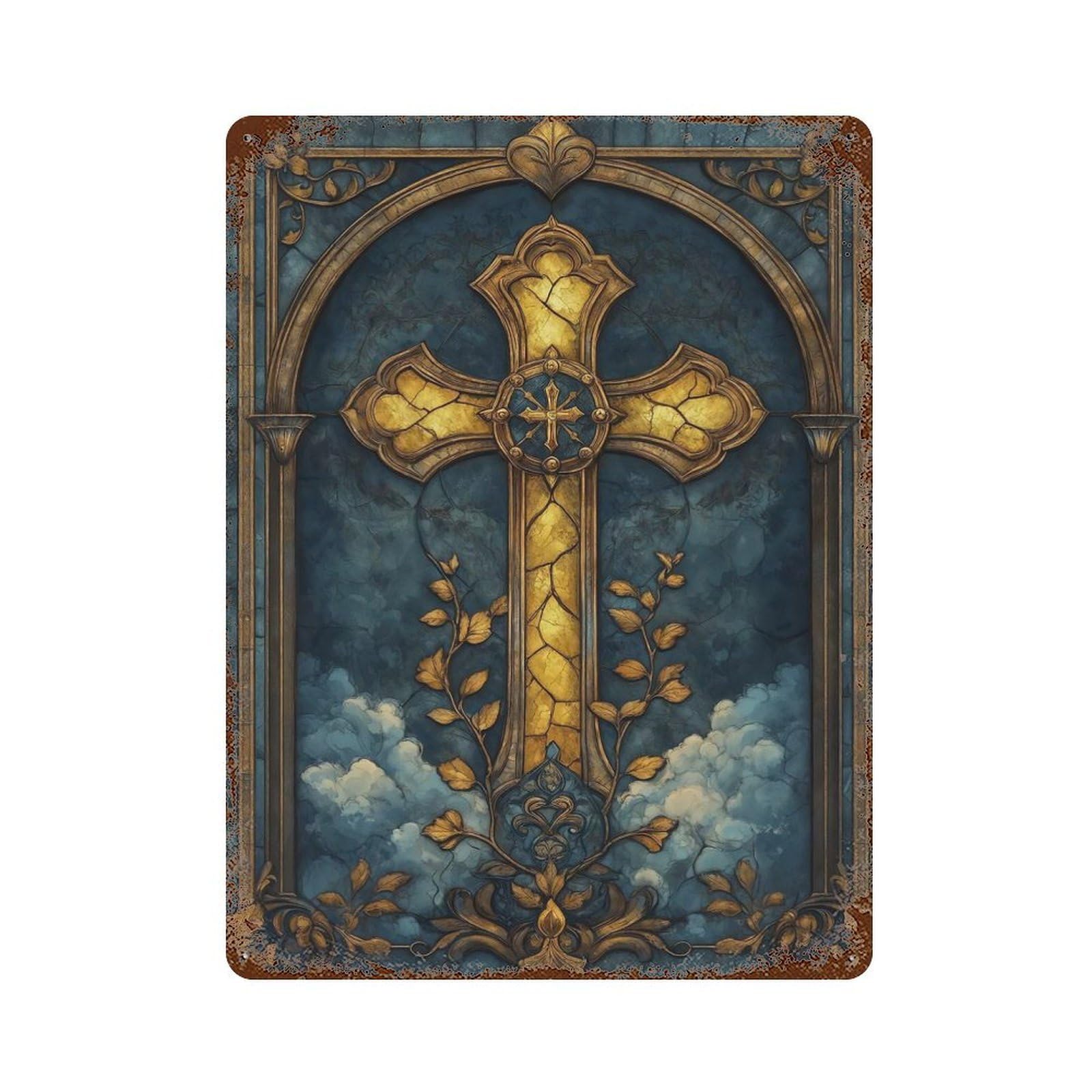 Distressed Metal Wall Sign with Stained Glass Golden Cross Design 15.7"x11.8", for Living Room, Hallway And Home Decor, Vintage Wall Decor
