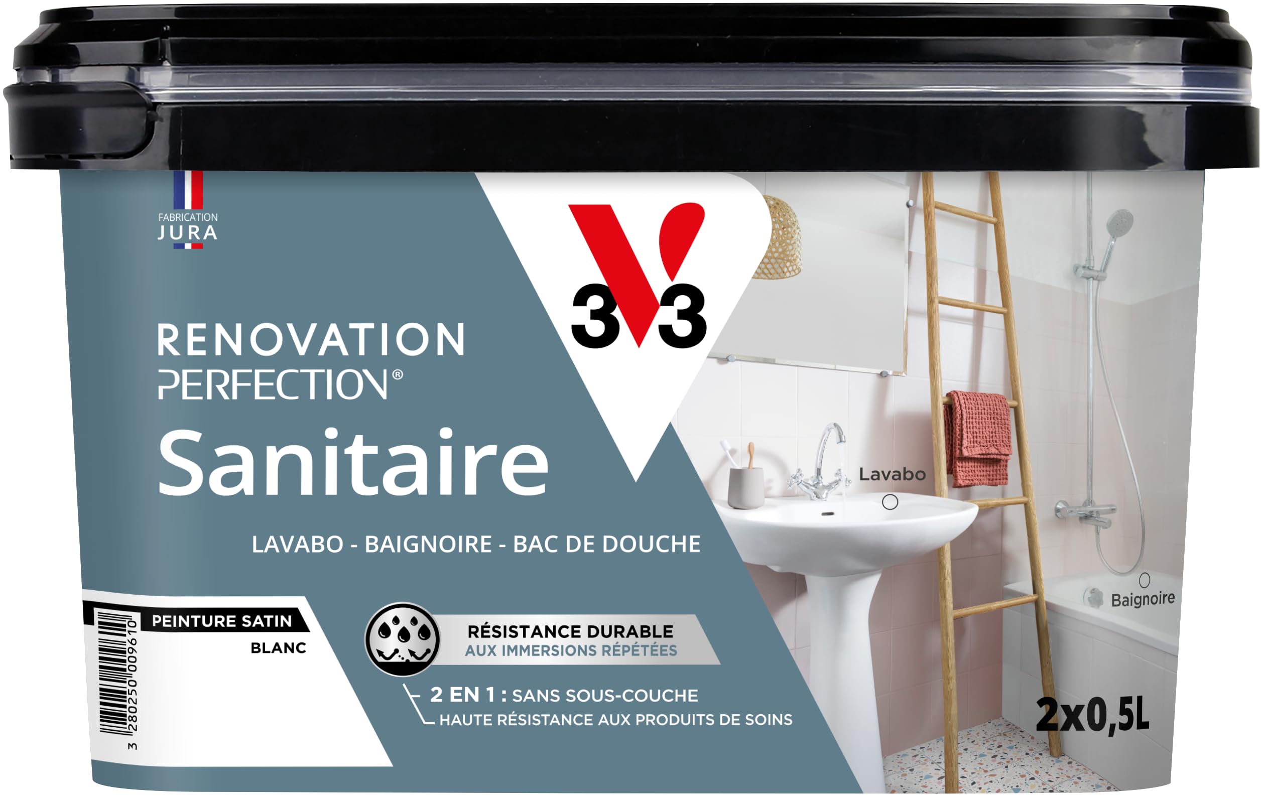 V33 Peinture Sanitaire - Rénovation Perfection® - Haute Adhérence - Lavabo - Baignoire - Bac de Douche - Blanc satin - 1L