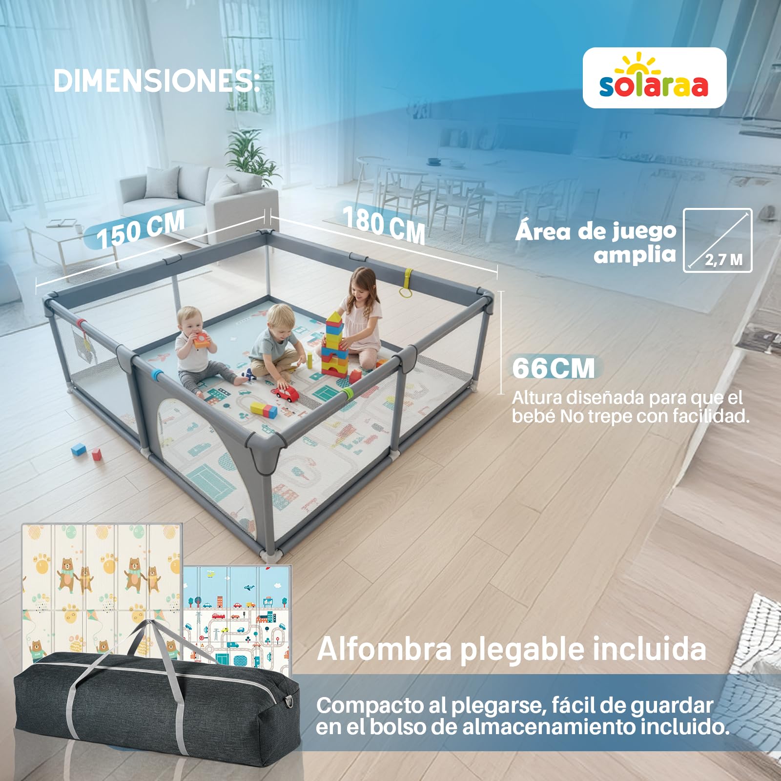 Corralito Bebé XL 150×180 cm + Alfombra Acolchada Reversible+6 Asas de Agarre + Bolsa de Transporte | guia didactica infantil+Contraste Libros de Tela Bebé