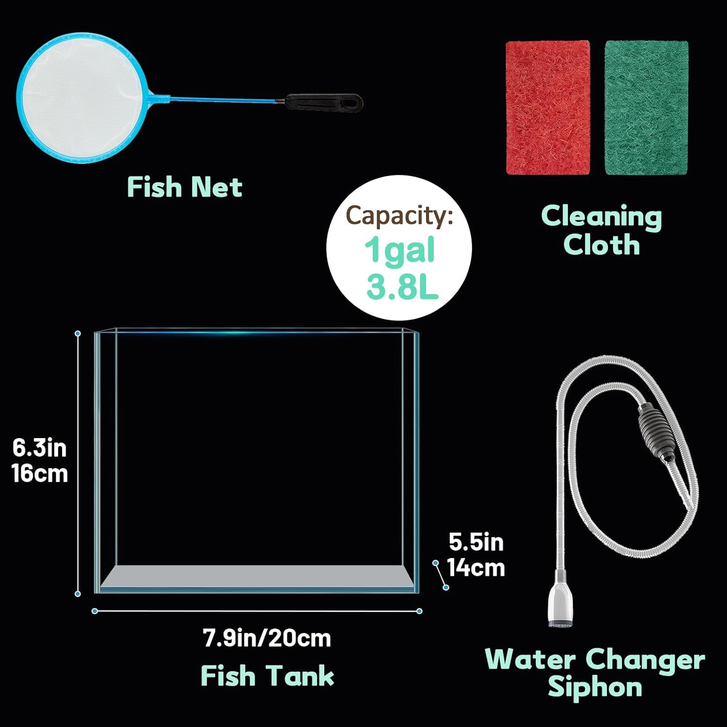 LAQUAL 1 Gallon Fish Tank Starter Kit with Fish Net, 1 Water Changer Siphons & 2 Cleaning Cloth, Crystal Clear Glass Fish Tank, Small Fish Tank/Aquarium for Betta & Goldfish, Nice Home Décor