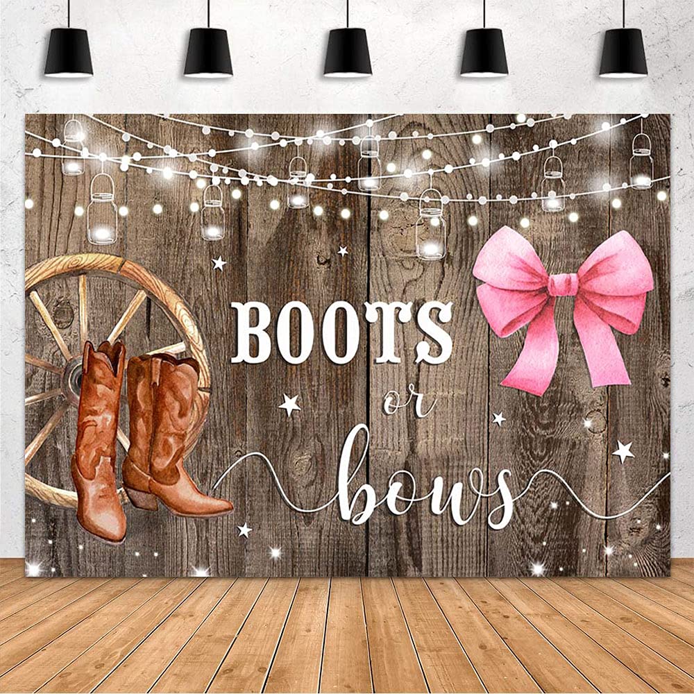 MEHOFOND 7x5ft Boots or Bows Gender Reveal Backdrop Boys or Girls Baby Shower Banner Party Decoration Rustic Wood White Cowboy Boots Pink Bows