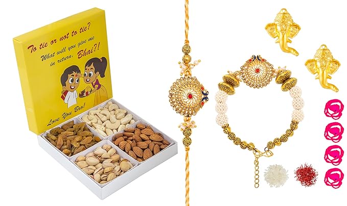 Feastive Celebrations a Traditional Indian Bhaiya Bhabhi Rakhi Loomba Set with Chulbula Premium Dry fruits Pack, a pair of Soan, Pooja Rakhi, Kesar(branded) ,Chawal | Surprise Gift for Brother