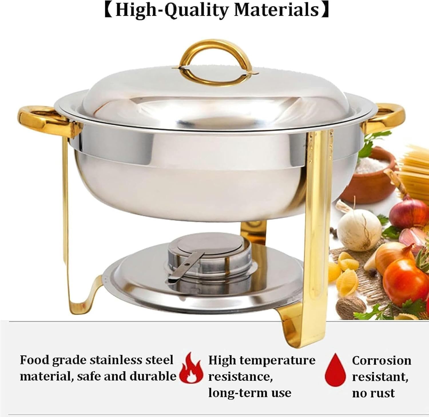 Round Stainless Steel Chafing Dish 3.5L, Full Size Buffet Food Warmer with Fuel Holders & Lid for Kitchen, Weddings, Parties, and Banquets