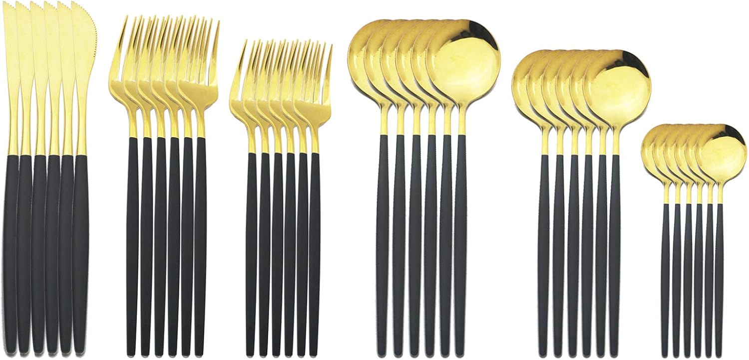 JASHII 18/10 Silver Silverware Set Stainless Steel Flatware Utensils Set Gold Cutlery Set| 36-Piece Modern Cubiertos Dorados| BEST Birthday Wedding Gift (6 sets, Black Handle Gold Mirror Polish)