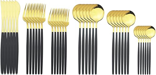 JASHII Juego de cubiertos de plata 18/10 de acero inoxidable, juego de cubiertos dorados de 36 piezas, moderno Cubiertos Dorados, el mejor regalo de