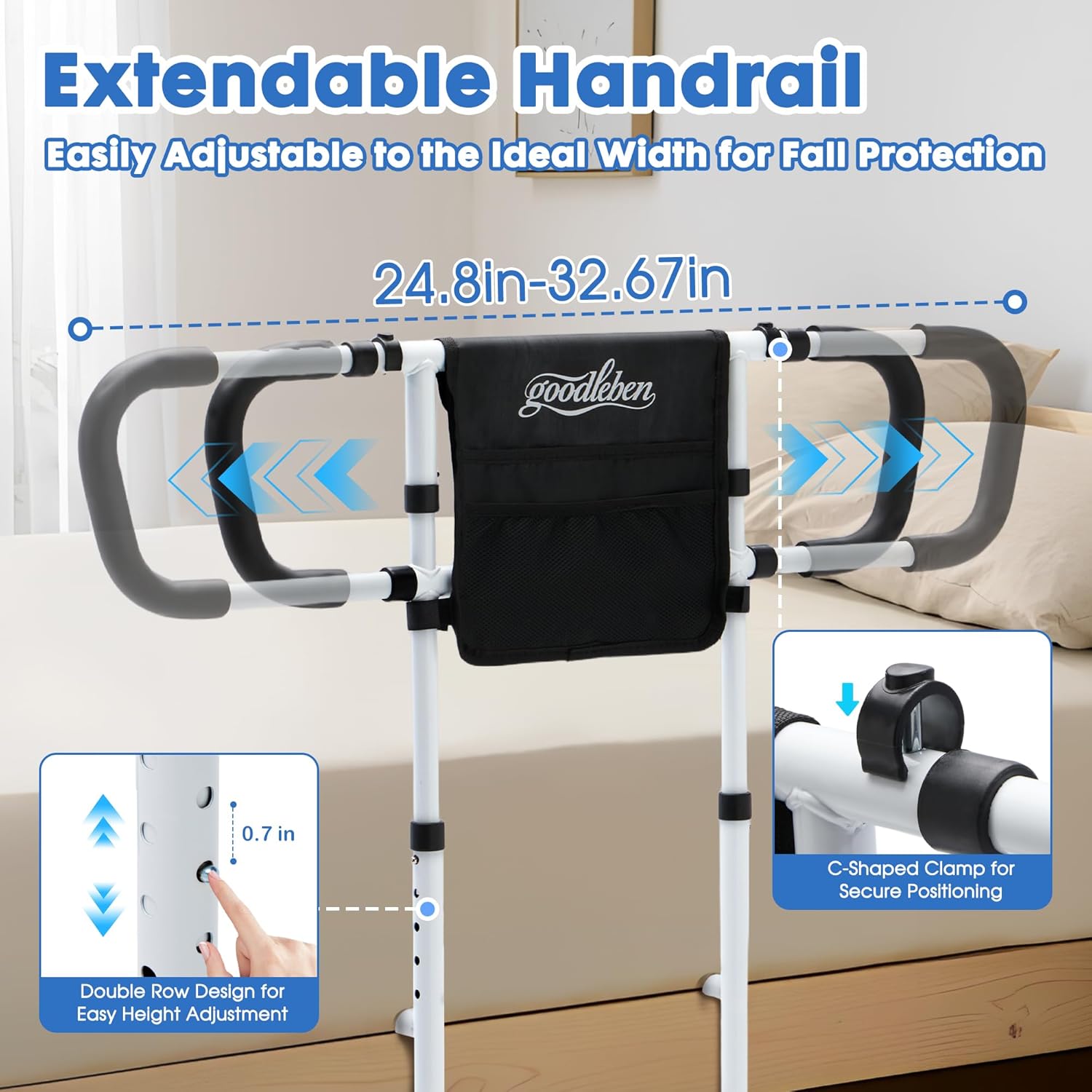 Bed Rails for Elderly Adults Safety, Bed Assist Rails for Seniors with Non-Slip Ergonomic Handle, Floor Support & Storage Pocket, Adjustable Bed Rail Fits Twin, Full, Queen & King Beds