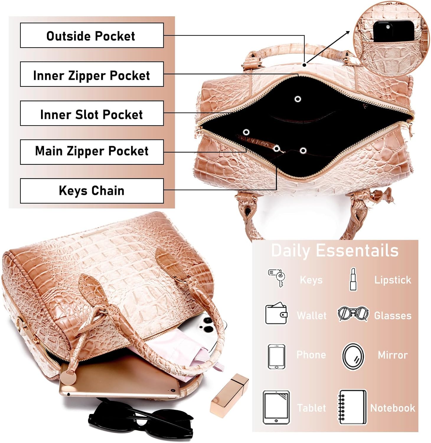 Top-Handle Crocodile Purses For Women Crossbody Leather Bags Trendy Large Capacity Tote with Shoulder Strap - Image 4