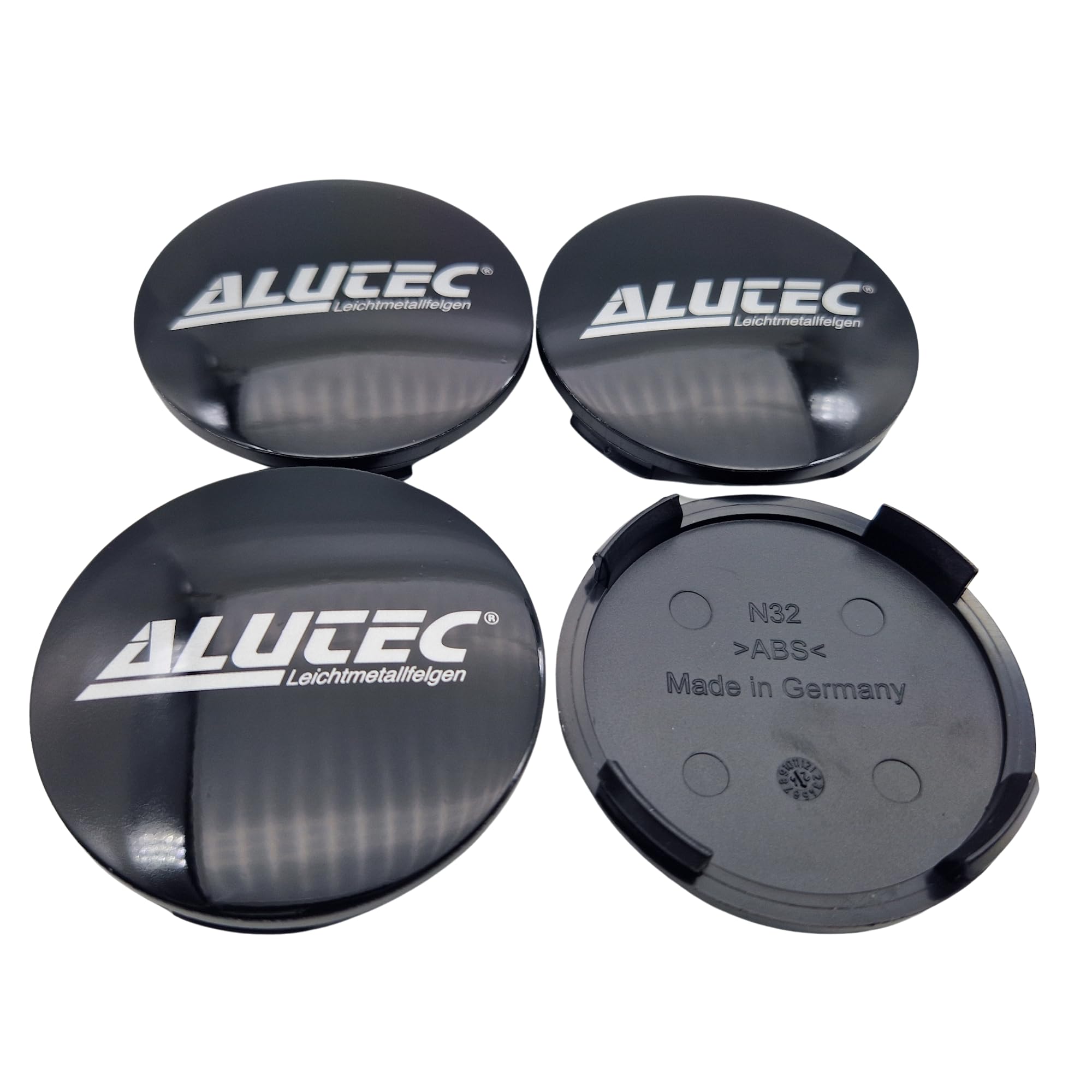 Alutec Lot de 4 cache-moyeux 64 mm noir brillant (N32) avec logo argenté (ALA) – Couvercle de jante d'origine